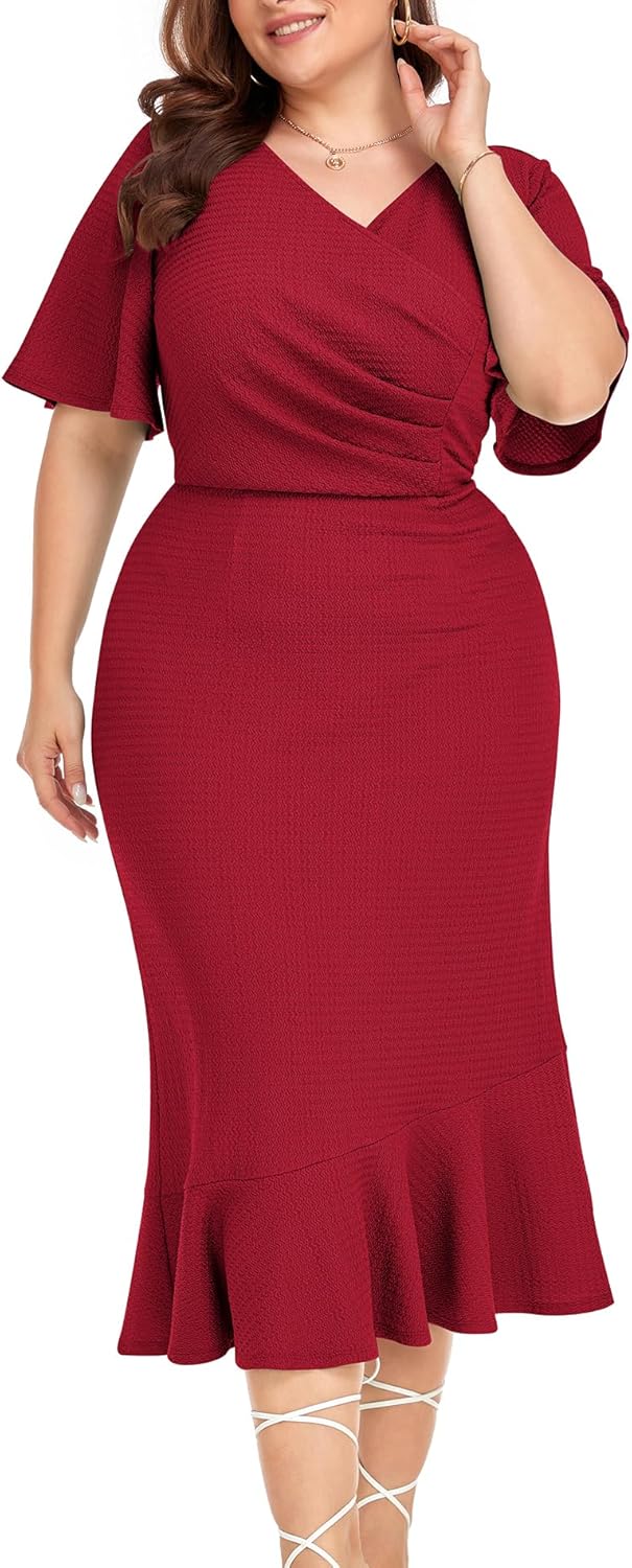 LALAGEN Plus Size Dress for Women Modest Short Sleeve Ruched Bodycon Mermaid Cocktail Midi Dresses 1X-6X - Image 6