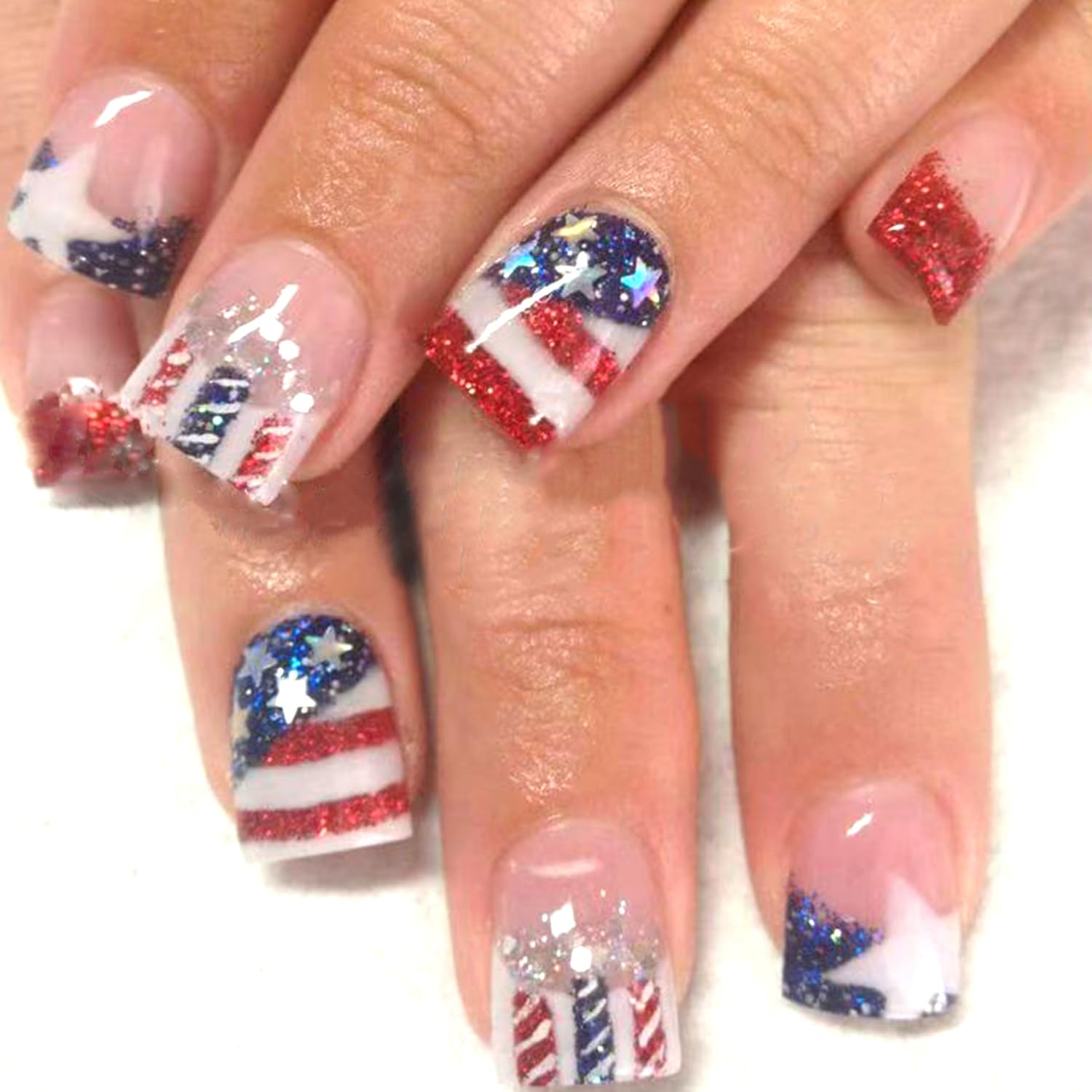 4th of July Short Press on Nails Independence Day False Nails French Tip Coffin Acrylic Stick on Nail Glossy American Flag Full Cover Fake Nail