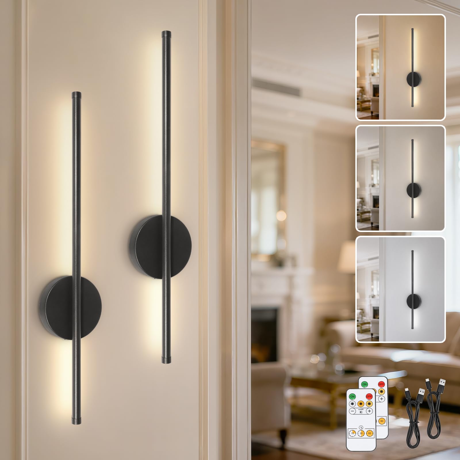 TaoFiaCo 60CM Appliques Murale LED Intérieure Noir Lot de 2 - Lampe Murale sans Fil 3 Températures de Couleur - Luminaire Mural à Batterie avec Télécommande pour Chambre à Coucher Salon Salle à Manger