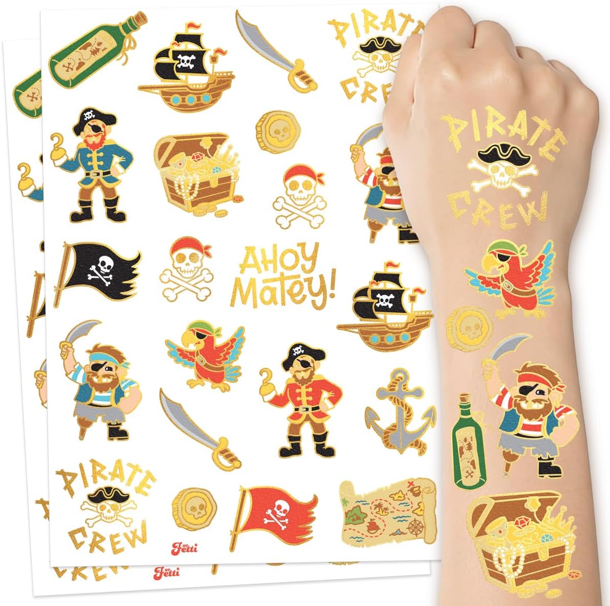 Pirate Party Supplies Temporary Tattoos - 44 Gold Foil Styles | Nautical Birthday, Skull Crew, Treasure, Pirate Ship