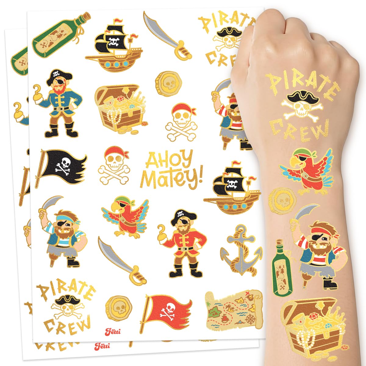 xo, Fetti Pirate Party Supplies Temporary Tattoos - 44 Gold Foil Styles | Nautical Birthday, Skull Crew, Treasure, Pirate Ship