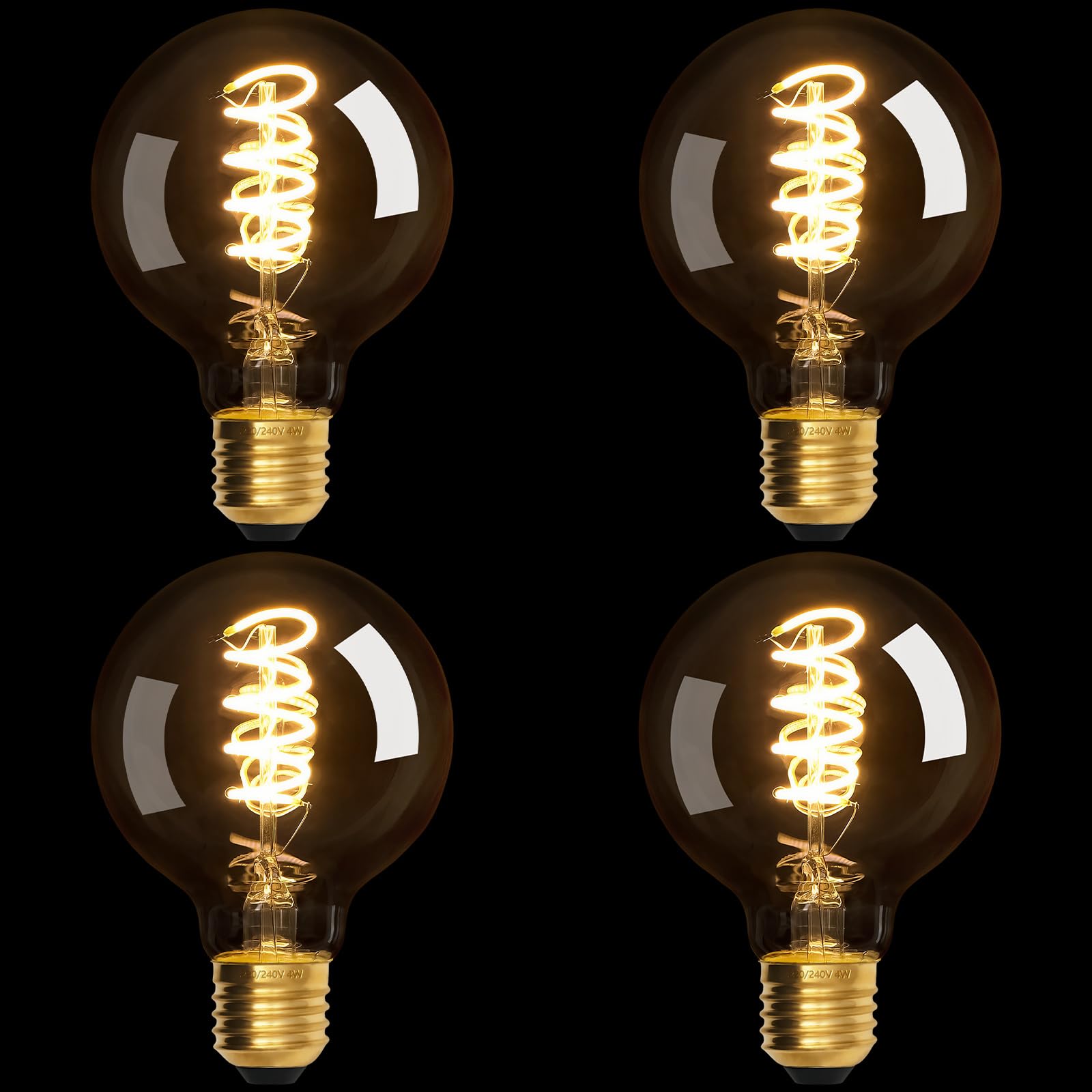 Terafeels 4 Pack E27 Vintage LED Light Bulbs, G80, 4W, Spiral Filament, 2700K Warm White Glow, Clear Glass, Dimmable Edison Screw in Light Bulb