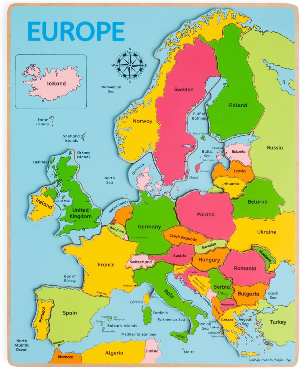 Bigjigs Toys Europe World Map Puzzle | Wooden Jigsaw for Kids | 25 Piece Set | Educational Montessori Games for Children to Learn About Countries | Geography Gifts for 3+ Year Old Toddlers