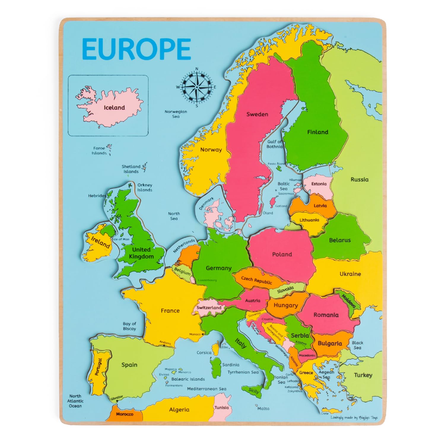 Bigjigs ToysEurope World Map Puzzle | Wooden Jigsaw for Kids | 25 Piece Set | Educational Montessori Games for Children to Learn About Countries | Geography Gifts for 3+ Year Old Toddlers