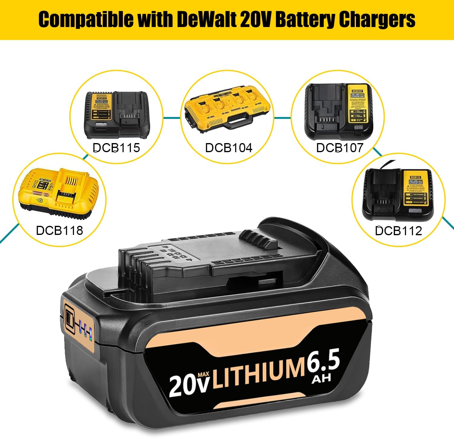 SKYON 20V 6.5Ah DCB205Y Battery Replacement for DCB206 6Ah DCB205Y 5Ah DCB204 4Ah 20V MAX* XR Lithium-ion Extended Battery Compatible with Dewalt 20V DCD/DCF/DCG Series Cordless Power Tools Battery