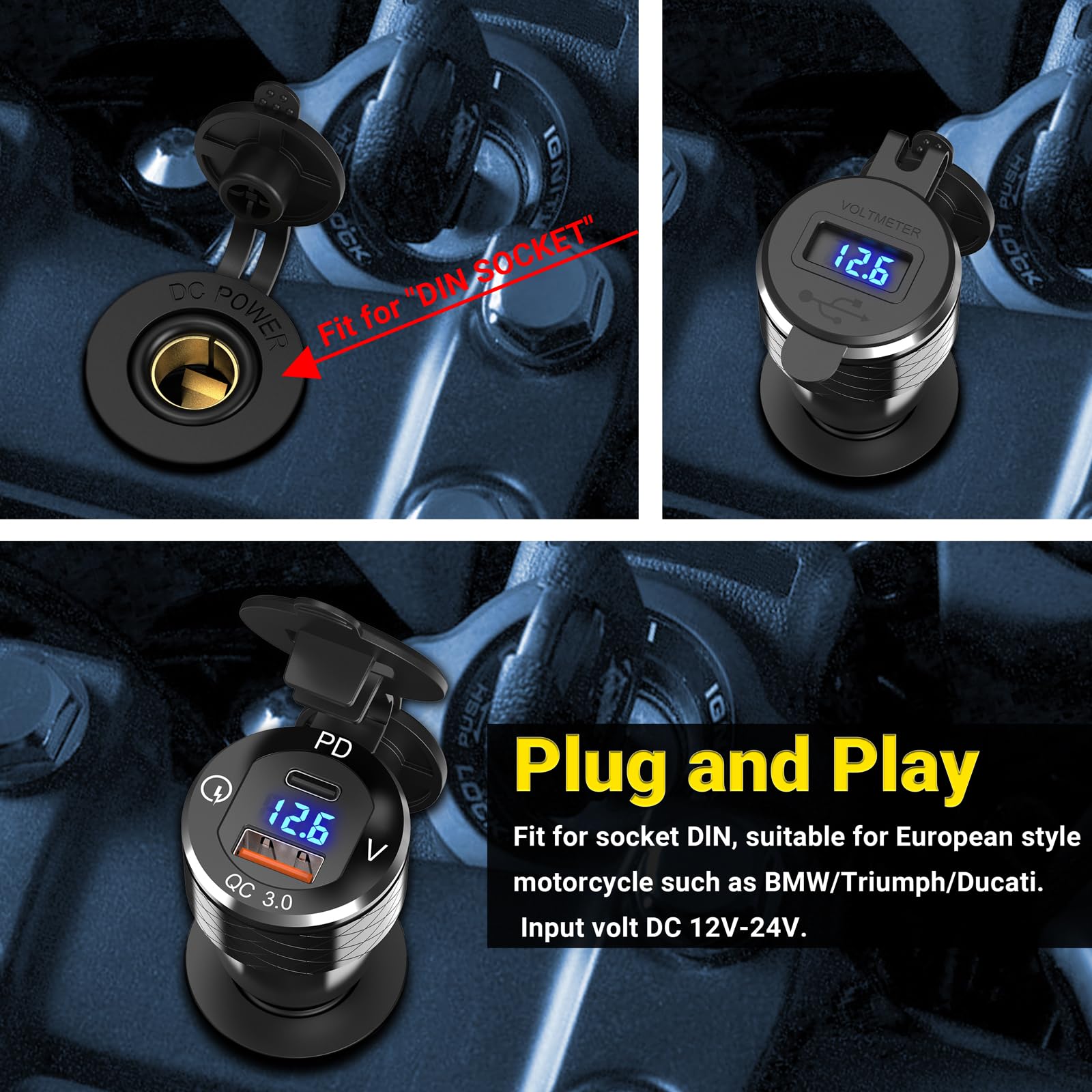 Qidoe Adaptateur Prise DIN vers USB Chargeur de Moto, Métal Double USB PD 30W et QC 18W DIN Socket avec Affichage Tension pour Moto BMW, Ducati, Triumph, Charge Rapide 12V - 24V