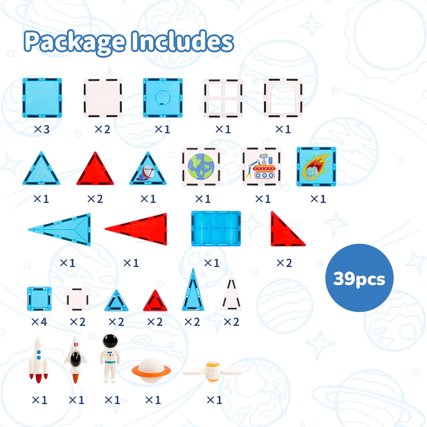 Space Exploration Magnetic Tiles (39PCS),STEM Building Set with Rocket & Astronaut,Preschool Learning Building Set for Ages 3-8, for Boys Girls (Satellite, Spaceship)