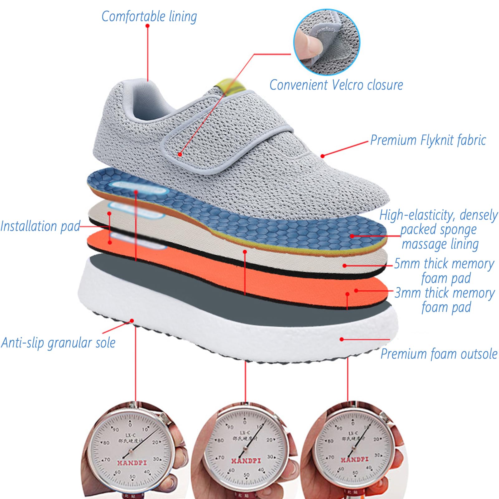 Buty dla cukrzyków, damskie, bardzo szerokie dopasowanie, buty na haluks, antypoślizgowe, buty zdrowotne, oddychająca tkanina siatkowa, dla seniorów, na zapalenie powięzi podeszwowej, stopy