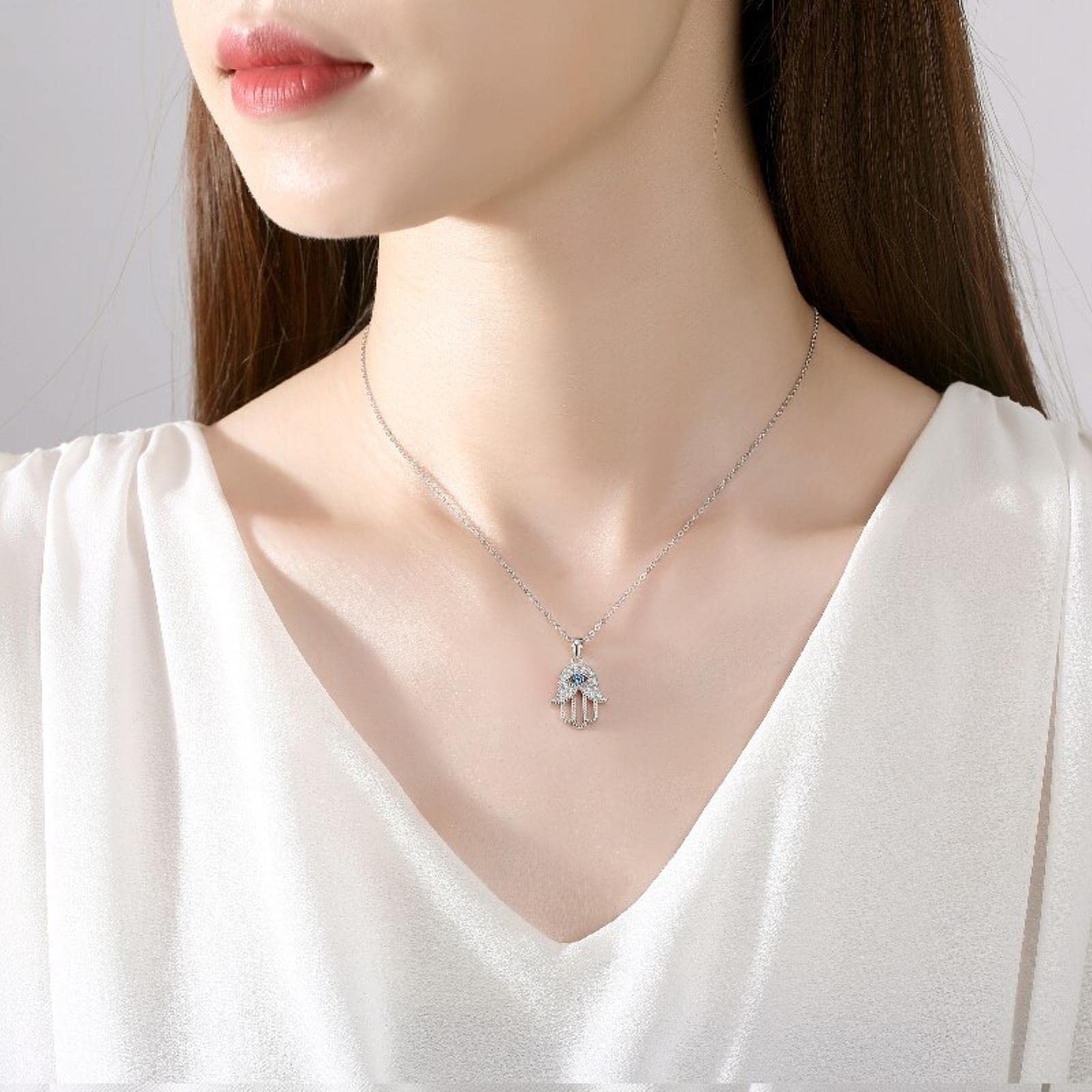 Collar con colgante de mano de ojo malvado para mujer, joyería turca de Plata de Ley 925 de cristal, cadena de eslabones hueca para clavícula