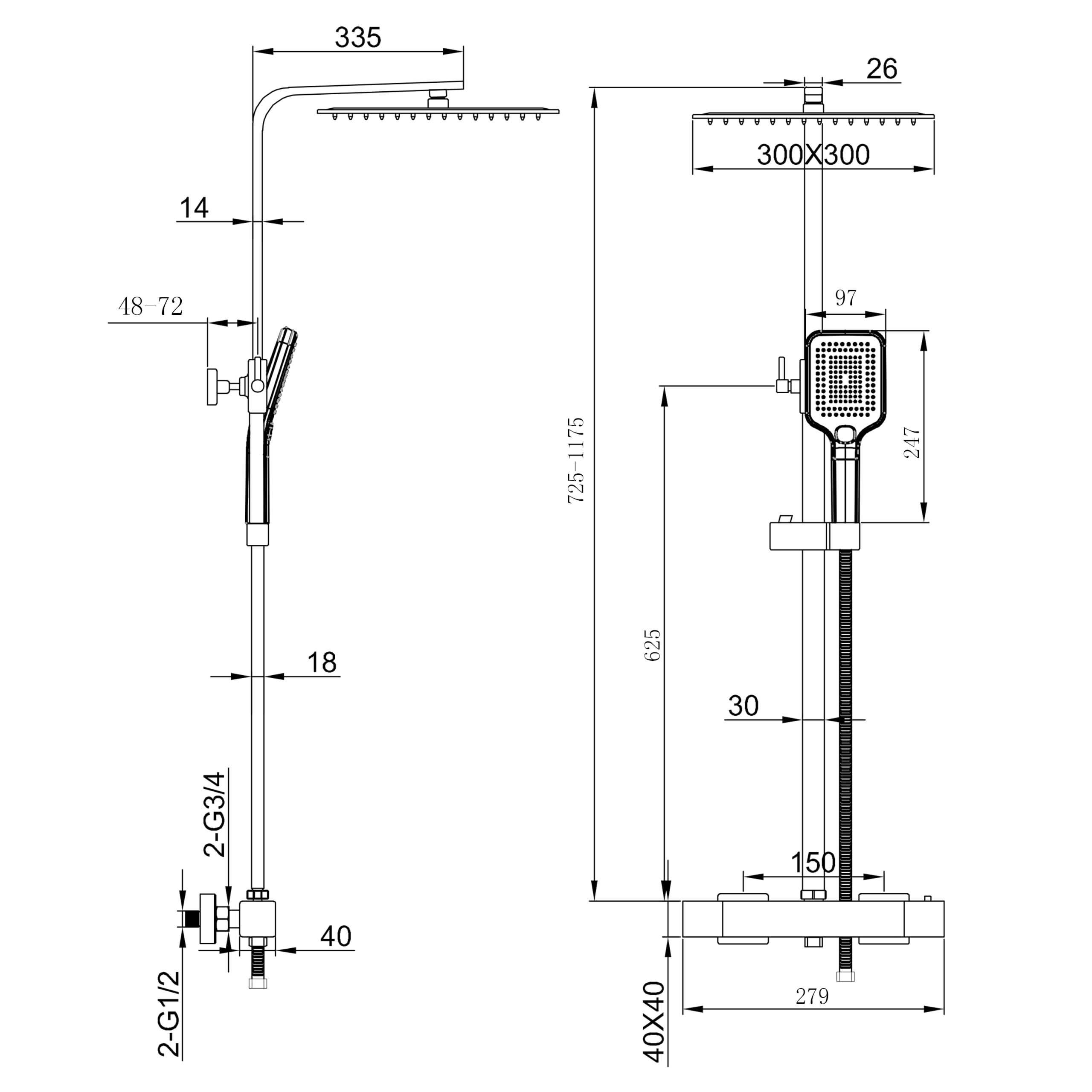AICA Ensemble de Colonne de Douche Thermostatique pour Salle de Bain, avec pommeau de douche 30x30 cm,Robinet de Douche Thermostatique, Laiton, Chromé, Hauteur Réglable 725 mm-1175 mm (Carré 2)