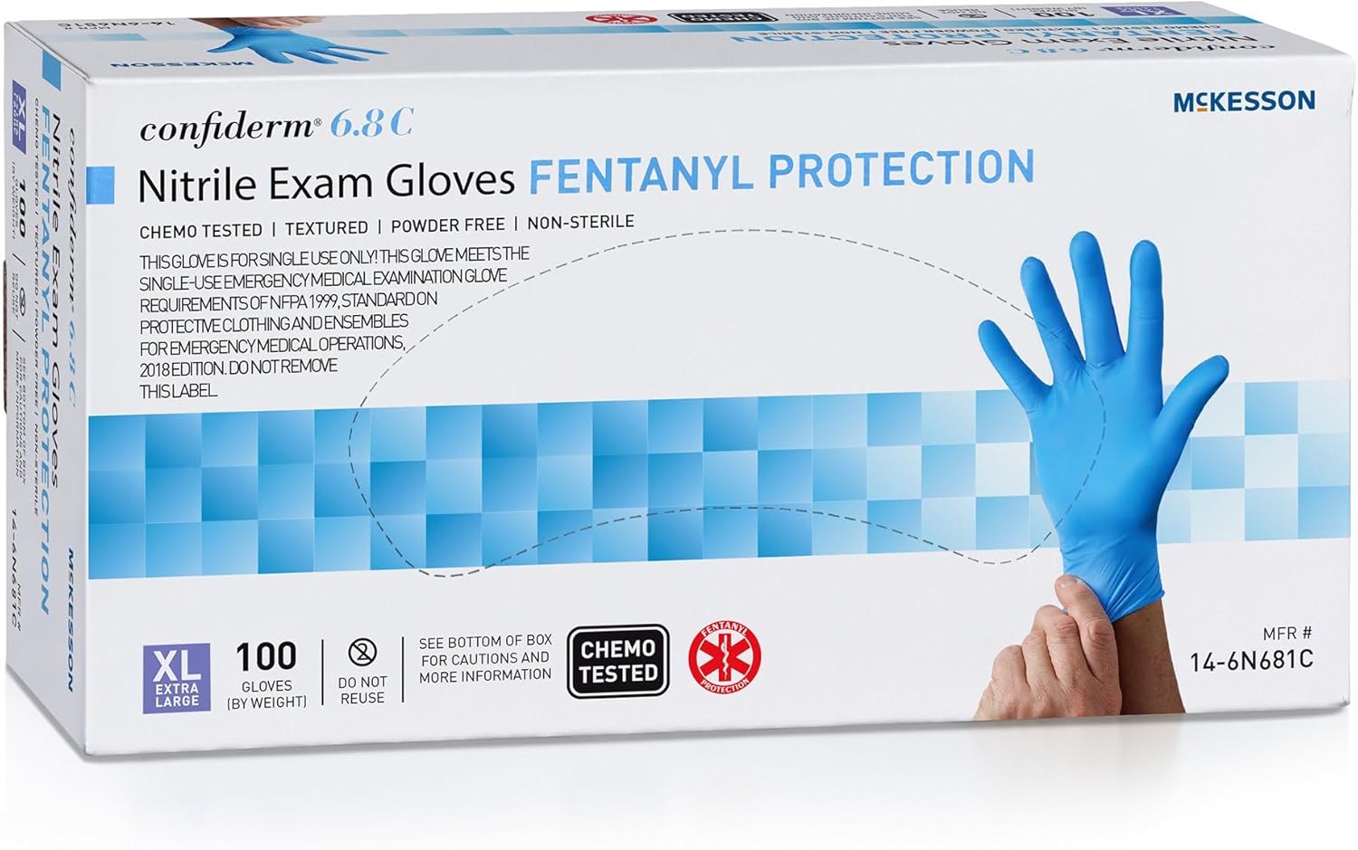 McKesson Confiderm 6.8C Nitrile Exam Gloves, X-Large, 100 Per Box, Chemo Tested, Powder-Free, Fully Textured, Standard Cuff, Ambidextrous, Durable Medical Gloves for High-Tactile Sensitivity