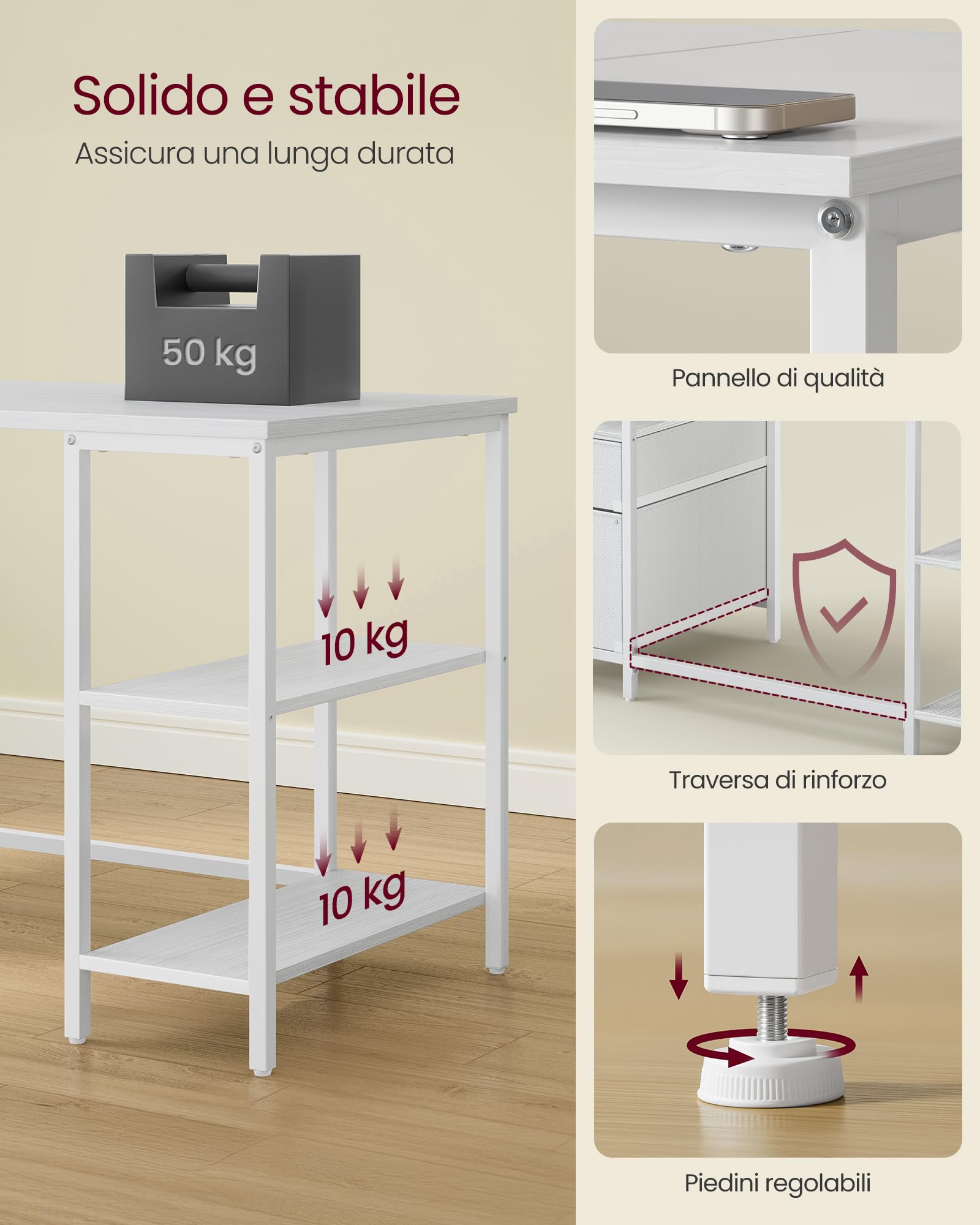 VASAGLE Scrivania per Computer, Tavolo da Ufficio, Scrivania con 3 Ripiani, 2 Cassetti, 140 x 60 x 76 cm, per Ufficio, Soggiorno, Stile Moderno, Bianco Acero e Bianco Nuvola LWD104WF01