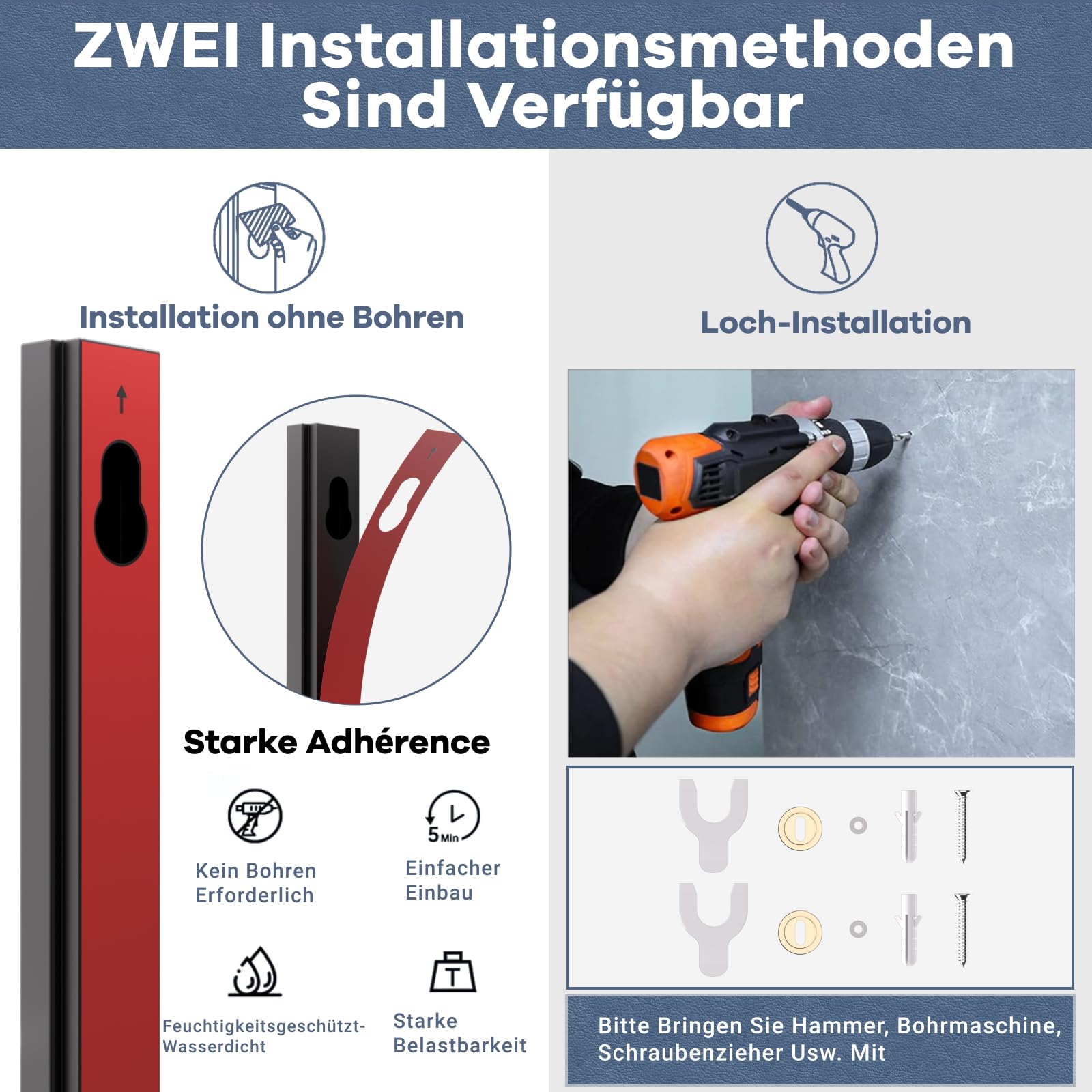 Duschstange Ohne Bohren Brausestange DETBOM mit Kleber Metall Duschstange mit Duschkopfhalterung Höhen und Winkelverstellbarer 120°, Klebe- oder Bohrmontage, Schwarz