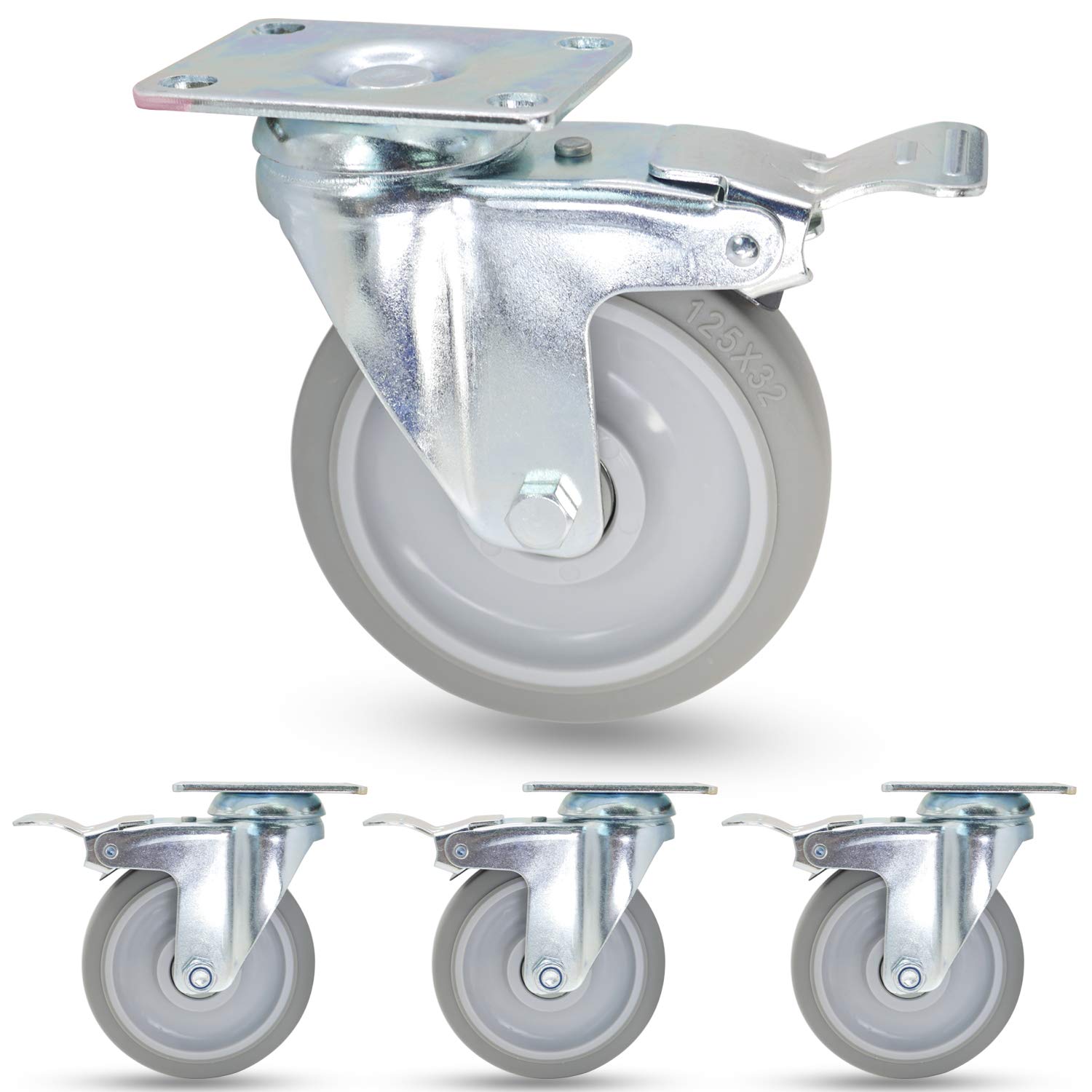 Casoter 5" TPR Swivel w/Dual Locking Brake Caster,Pack of 4,Metal Housing Double Ball Bearing,Elastic Thermoplastic Rubber Wheel,Top Plate Mounted Caster,Smooth Sturdy,1000Lbs Total Load Capacity