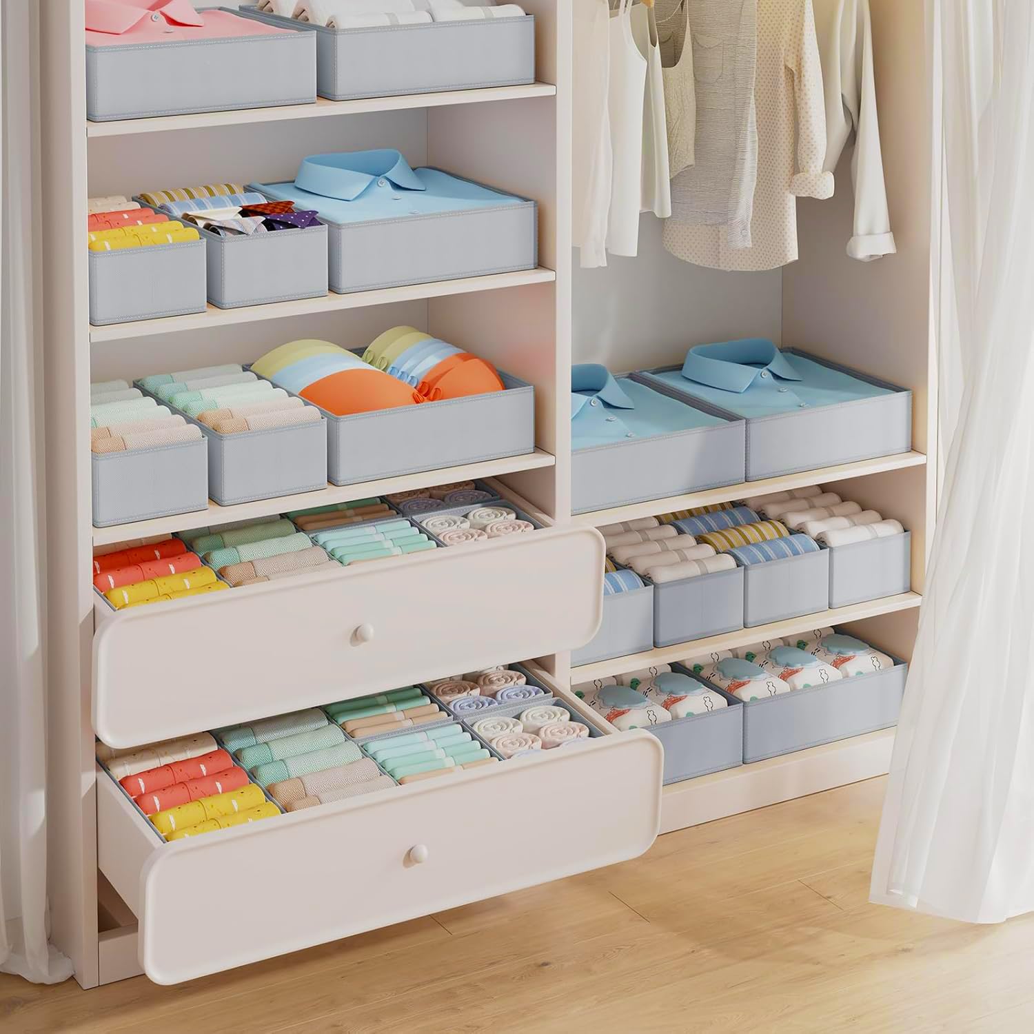 DIMJ Organizador Cajones Ropa Interior - Divisores de Cajones Juego de 15 Cajas Almacenaje Plegables de Tela Para Guardar Ropa, para Sujetadores, Calcetines, Cajas, Armario, Gris