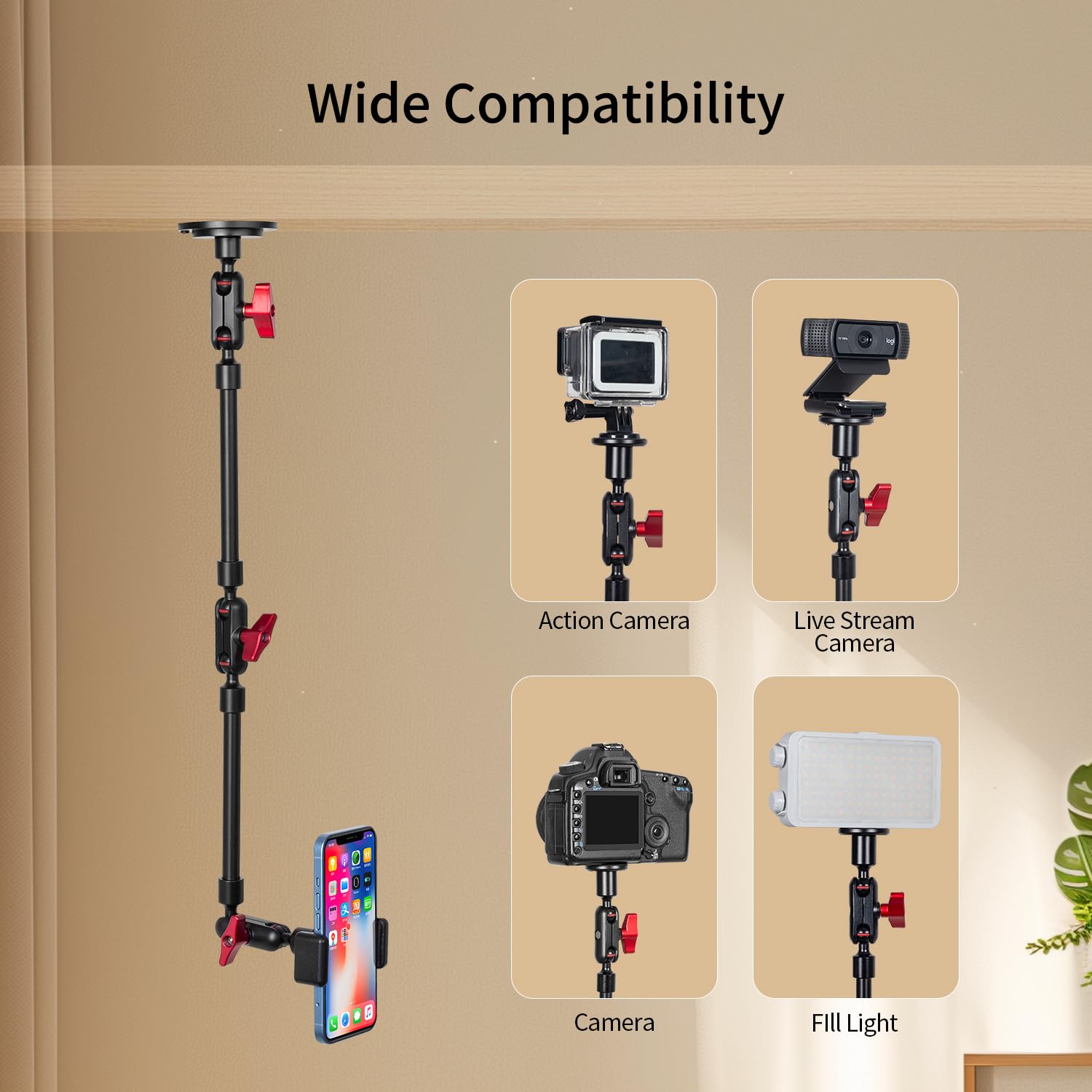 Soporte de teléfono móvil ajustable para escritorio, montaje en pared y soporte de techo para teléfono y otros smartphones (base de metal + 2 brazos mágicos + clip de metal)