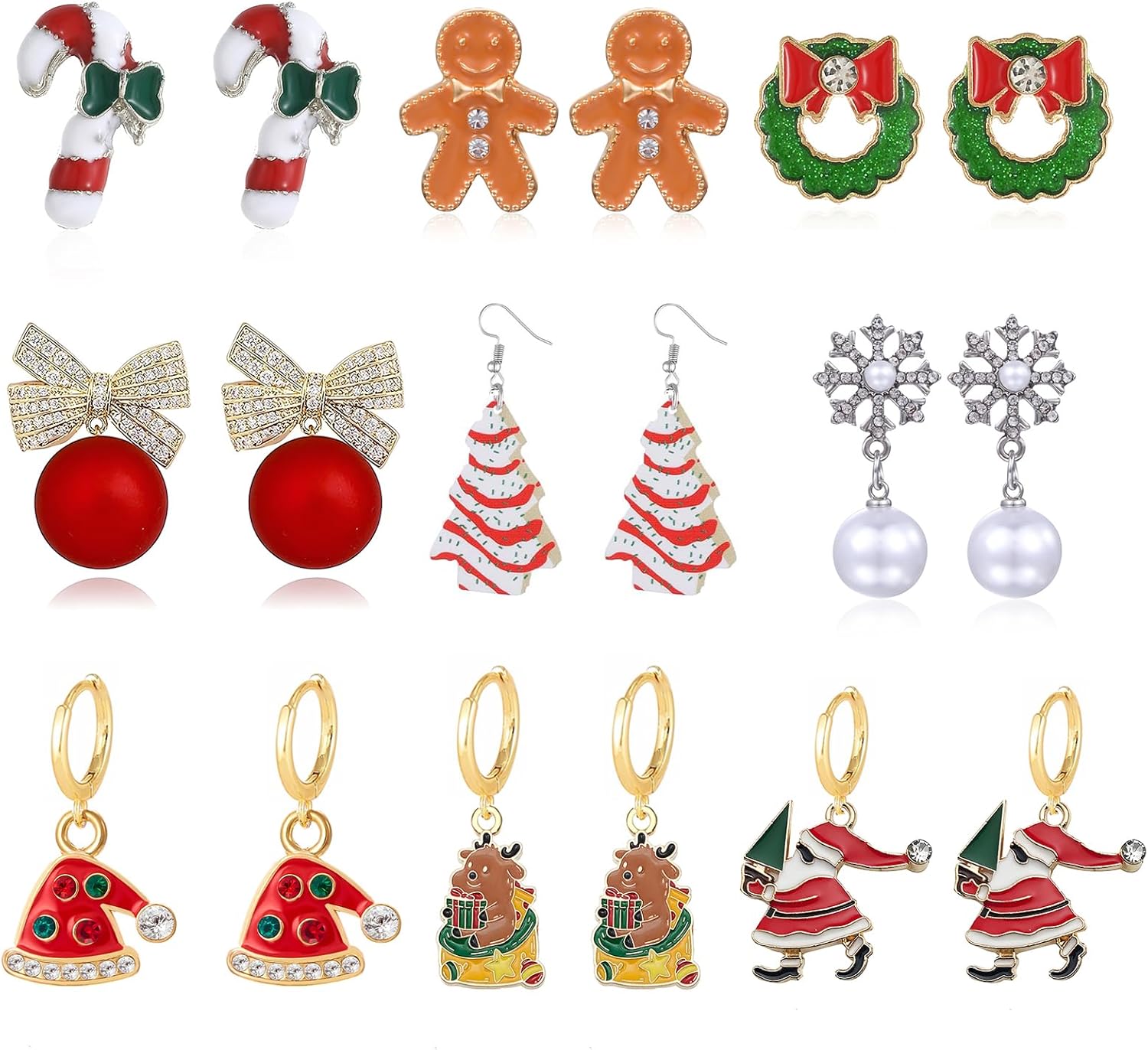 9 Pairs Christmas Earrings Set for Women Cute Snowflake Santa Claus Bow Bells Christmas Trees Gingerbread Men Earrings Xmas Holiday Party Fashion Jewelry