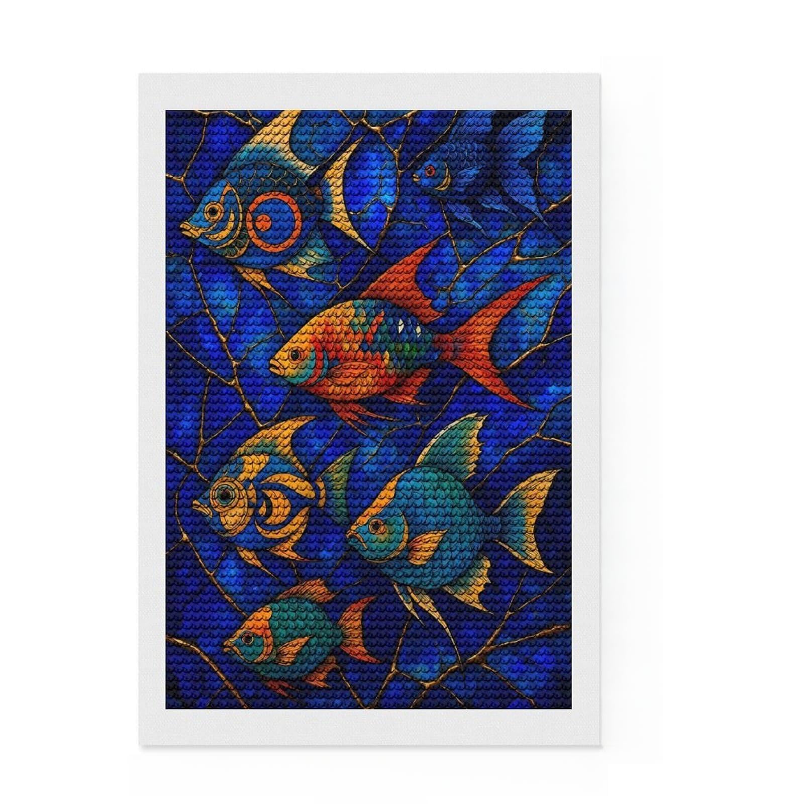 Junmoney Abstract Fantasy #61 - Colorful Fish Stained Glass Style Diamond Style Art Kit 8"x12", Farmhouse Decor, Relaxing DIY, with Tool Kit, Thoughtful Present, DIY