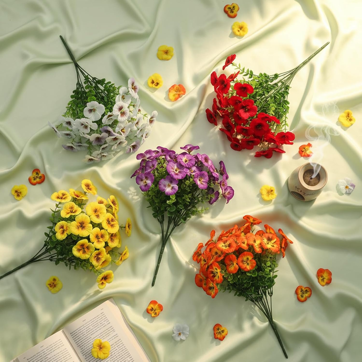 Artificial Flowers Plants, Outdoor Spring Summer Faux Pansy Flowers Fake Greenery Plants UV Resistant for Home Garden Front Door Yard Porch Patio Window Box Decor 9 Bundles (White Yellow Purple) - Image 8