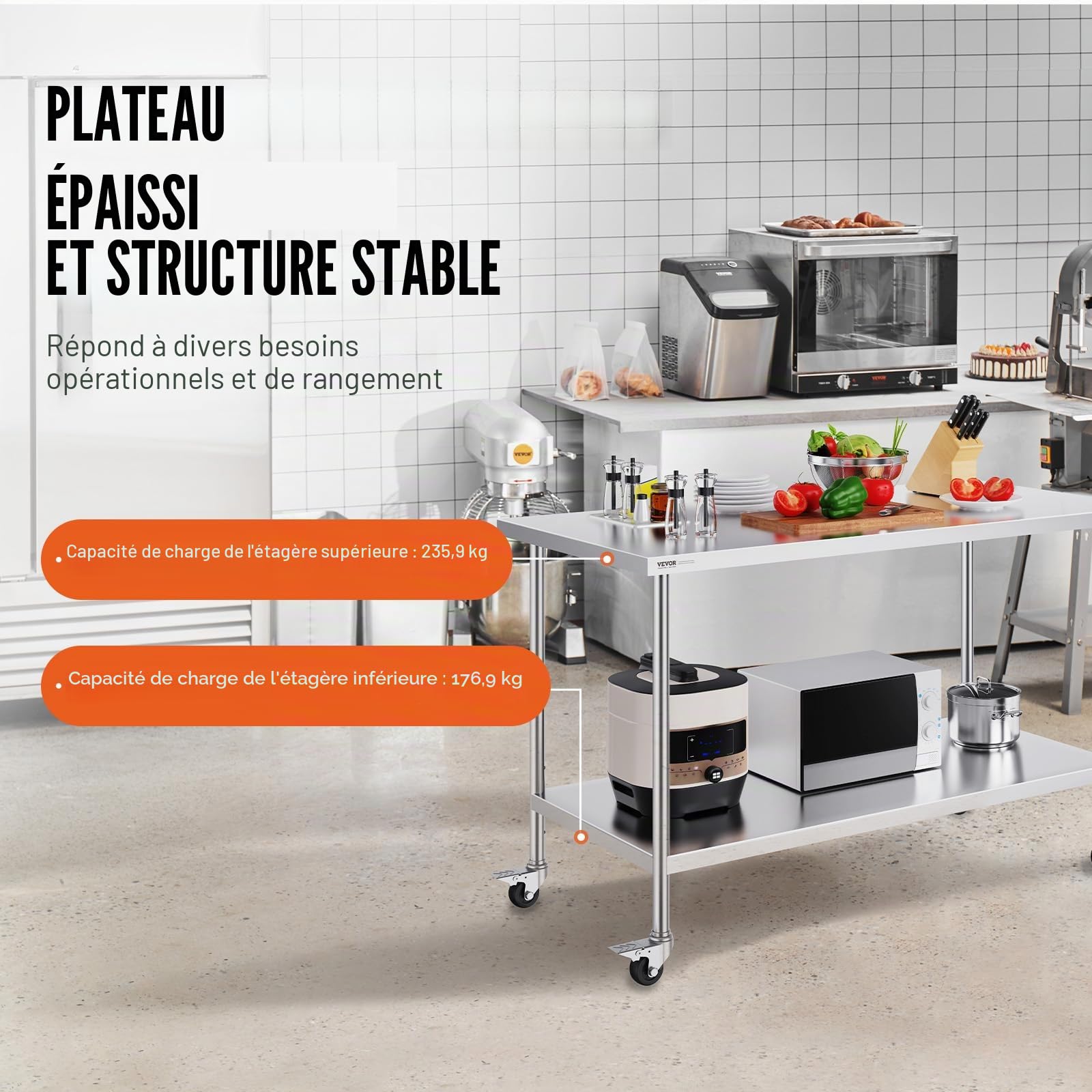 VEVOR Table de Travail en Acier Inoxydable 76,2x152,4x95,5 cm, Table de Préparation des Aliments avec roulettes, 3 Niveaux de Hauteur Réglables, Meuble de Rangement, pour Restaurant Maison Bar