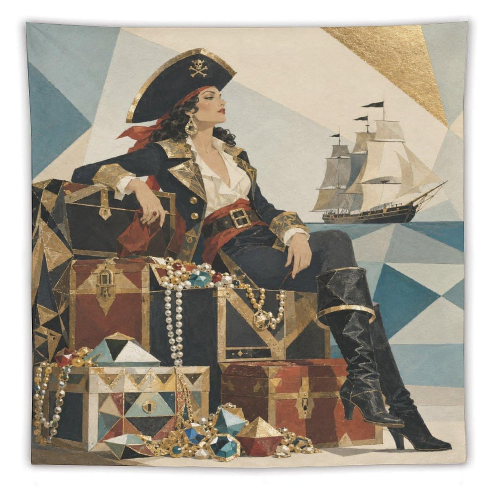 W7C8U2X3 Pirate Queen on Treasure Chest Wall Tapestry, Ship at Sea