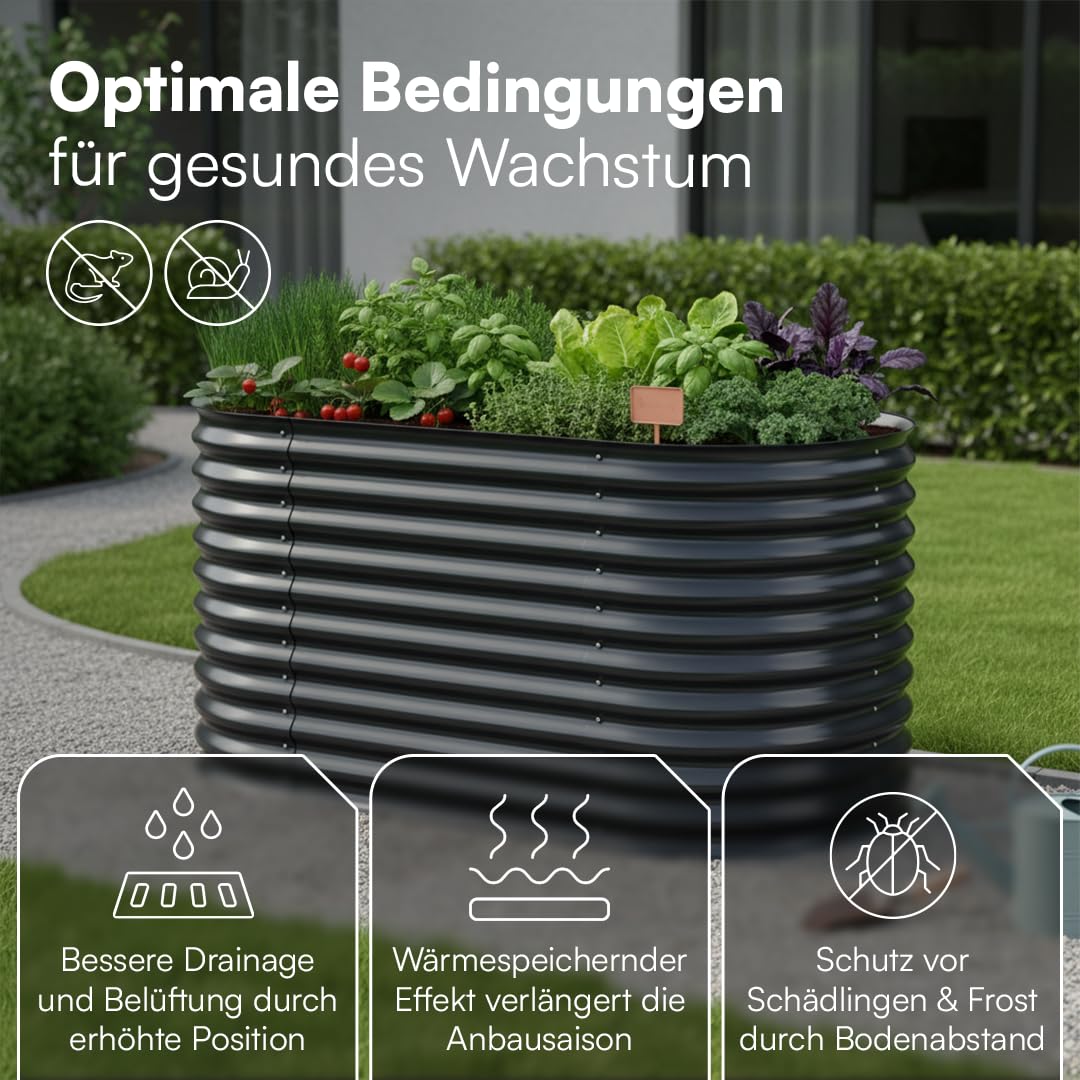 STEELSØN Hydra Hochbeet Metall – ovaler Pflanzenkasten 160x80x80 cm – Gemüsebeet Anthrazit – Beet für Garten & Balkon – Pflanzenbeet aus verzinktem Stahl – Kräuterbeet – Gartenbeet mit Kantenschutz