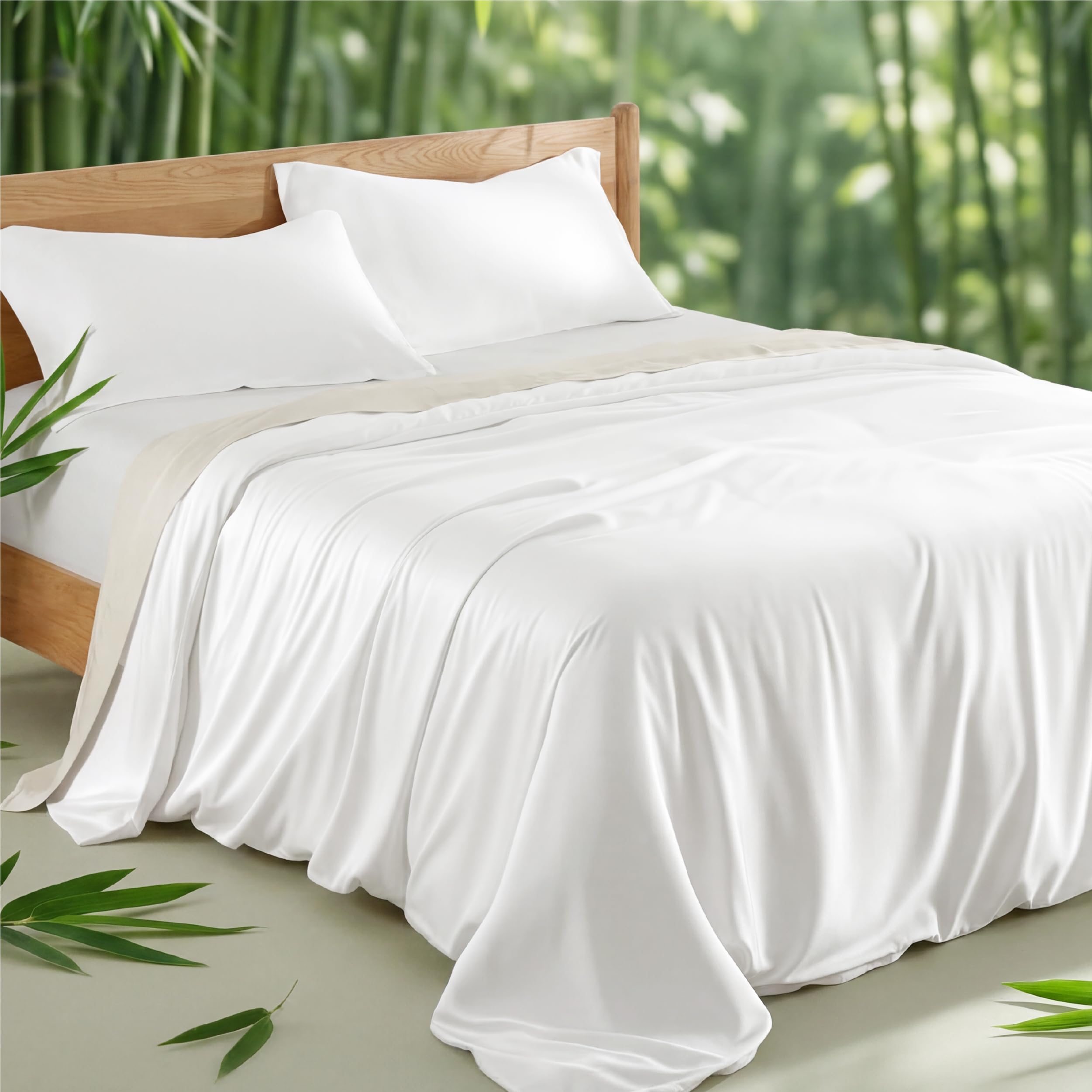 Bedsure Double Duvet Cover Sets - 100% Rayon Derived from Bamboo, Cooling Double Duvet Set, Breathable & Cool Summer Bedding with 2 Pillowcases, Zipper Closure, Perfect for Hot Sleeper, White
