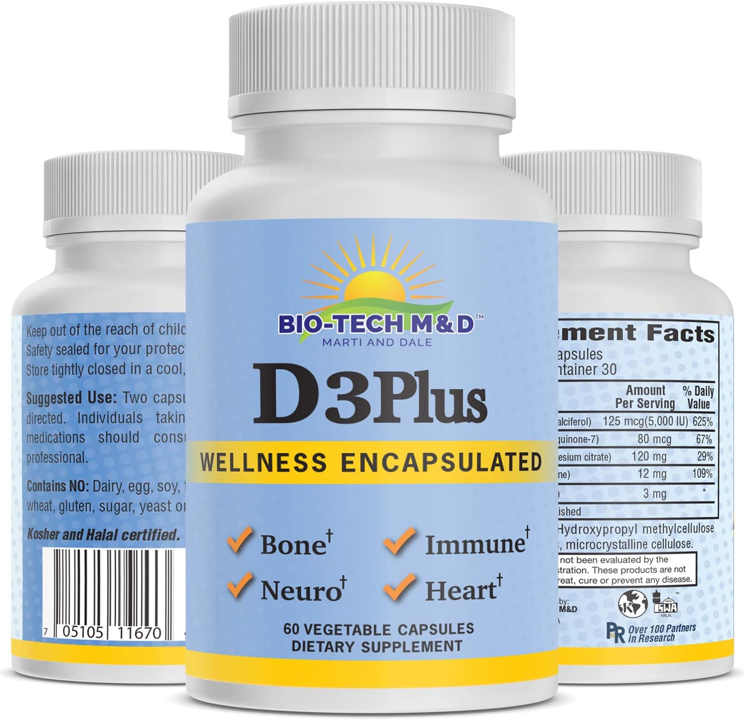 D3-Plus Vitamin D3 Plus Dietary Supplement for Optimal Bone Cardiovascular neuromuscular Immune Health osteoporosis - 60 Vegetable Capsules