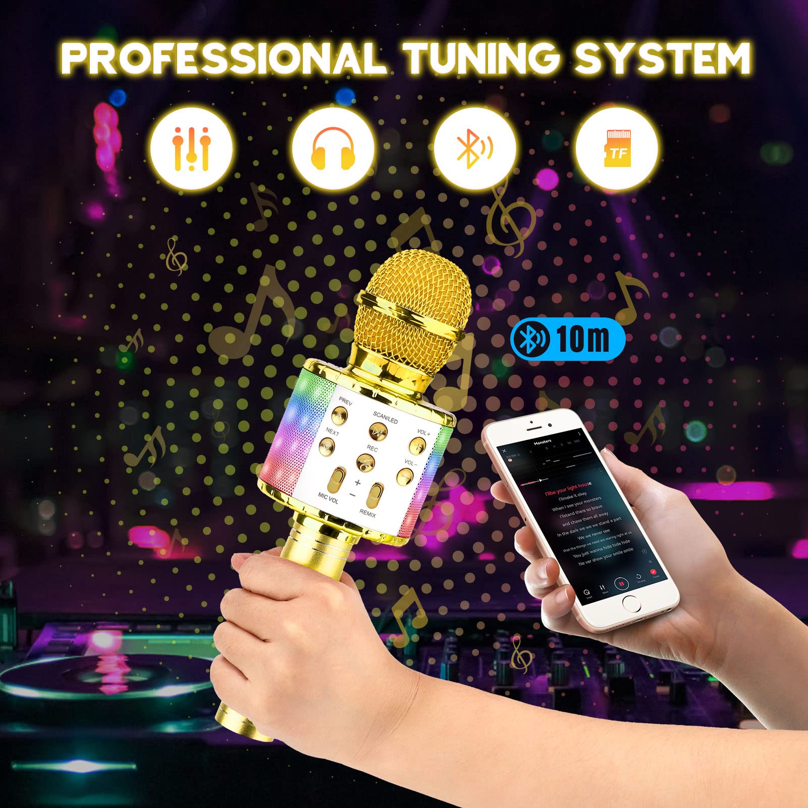 ShinePick Microfono Karaoke Bluetooth, Microfono bambini Wireless, Portatile Microfono Giocattolo Cambia Voce per Bambini, Compatibile con Android/iOS, PC e Smartphone(Aureo)