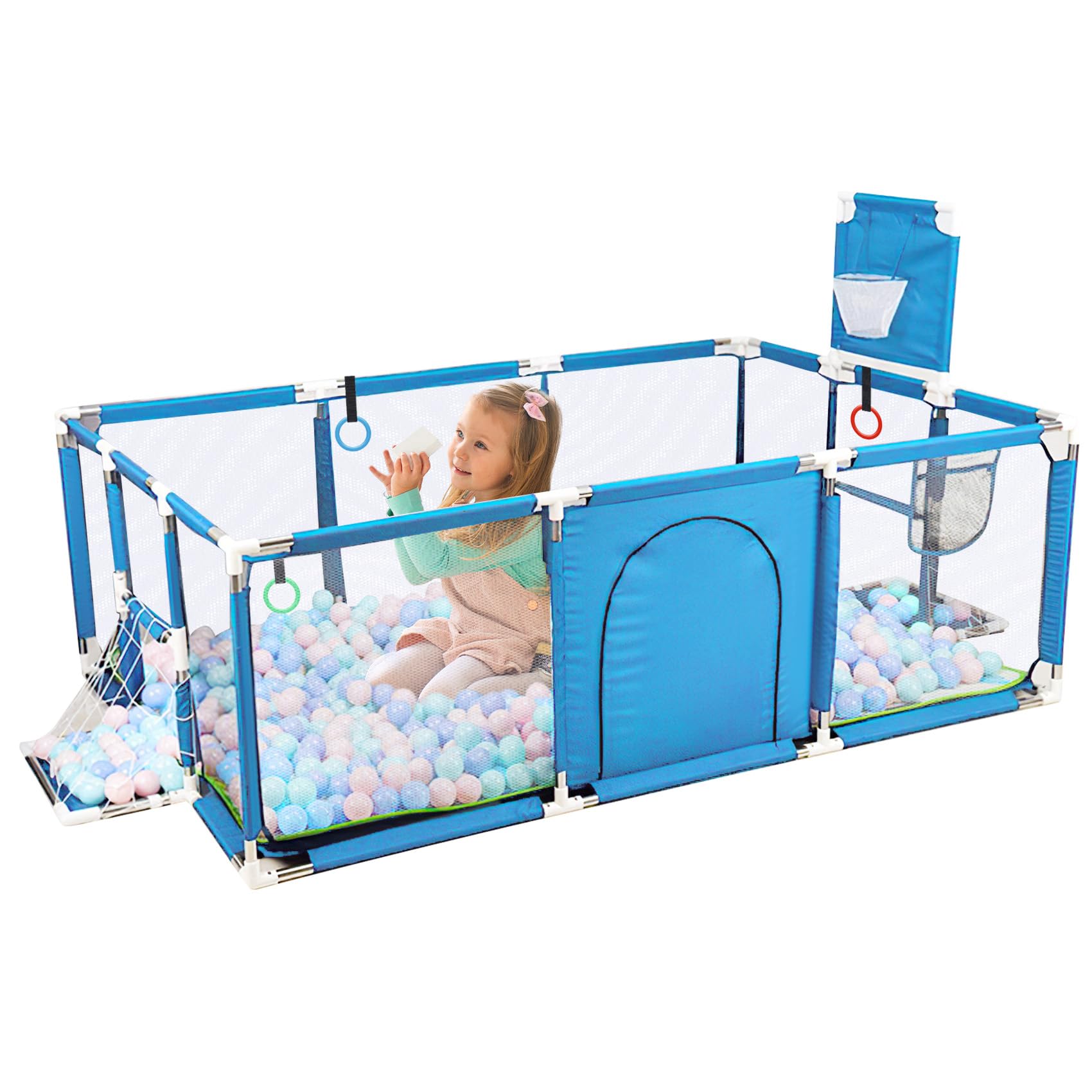 Kailund Play Yard Mesh Playpen for Babies and Toddlers, Baby Care Playpen with Basketball Hoop & Soccer Net, Large Playpen with Breathable Mesh for Indoor Use-71×48×26 Inches-Blue