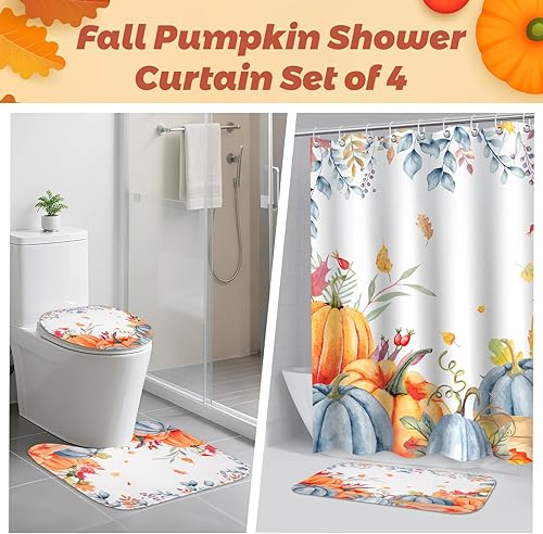 Miniatura 5 de Juego de 4 cortinas de ducha de otoño, juego de baño de calabaza de otoño con cortina de ducha, alfombras antideslizantes, cubierta de tapa de