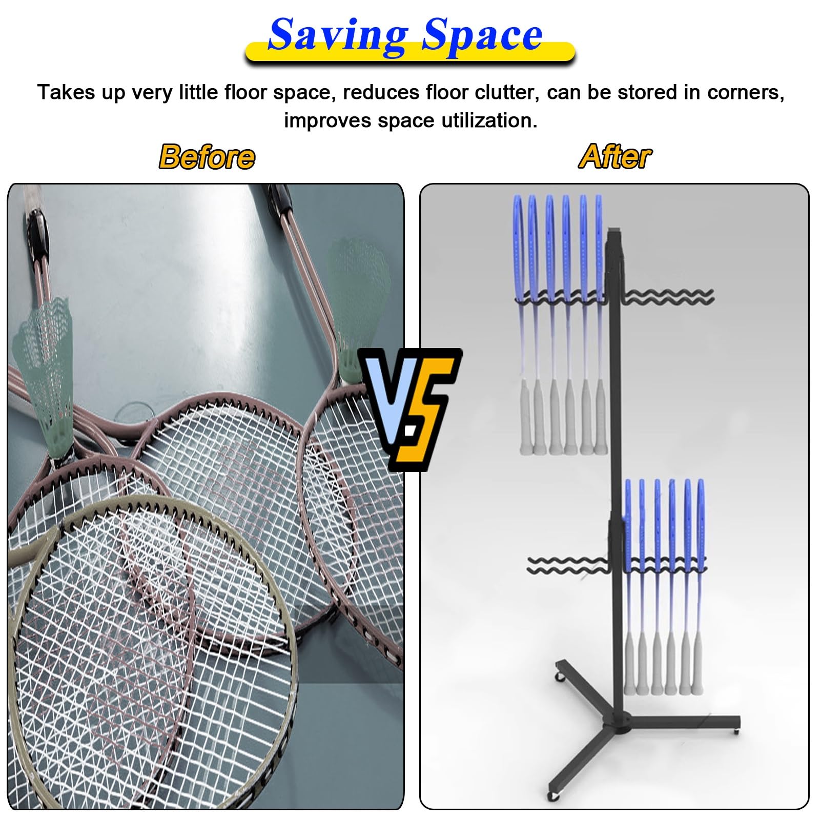 Organizador vertical de raqueta de pie de gran capacidad, ahorro de espacio para raquetas de tenis y bádminton con ruedas, gimnasio y club