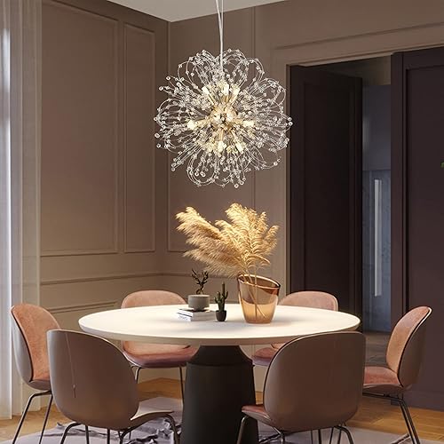 Miniatura 3 de Isamacc Candelabros de cristal de diente de león, lámpara de araña moderna de 9 luces para comedor, lámpara colgante Sputnik dorada para dormitorio,