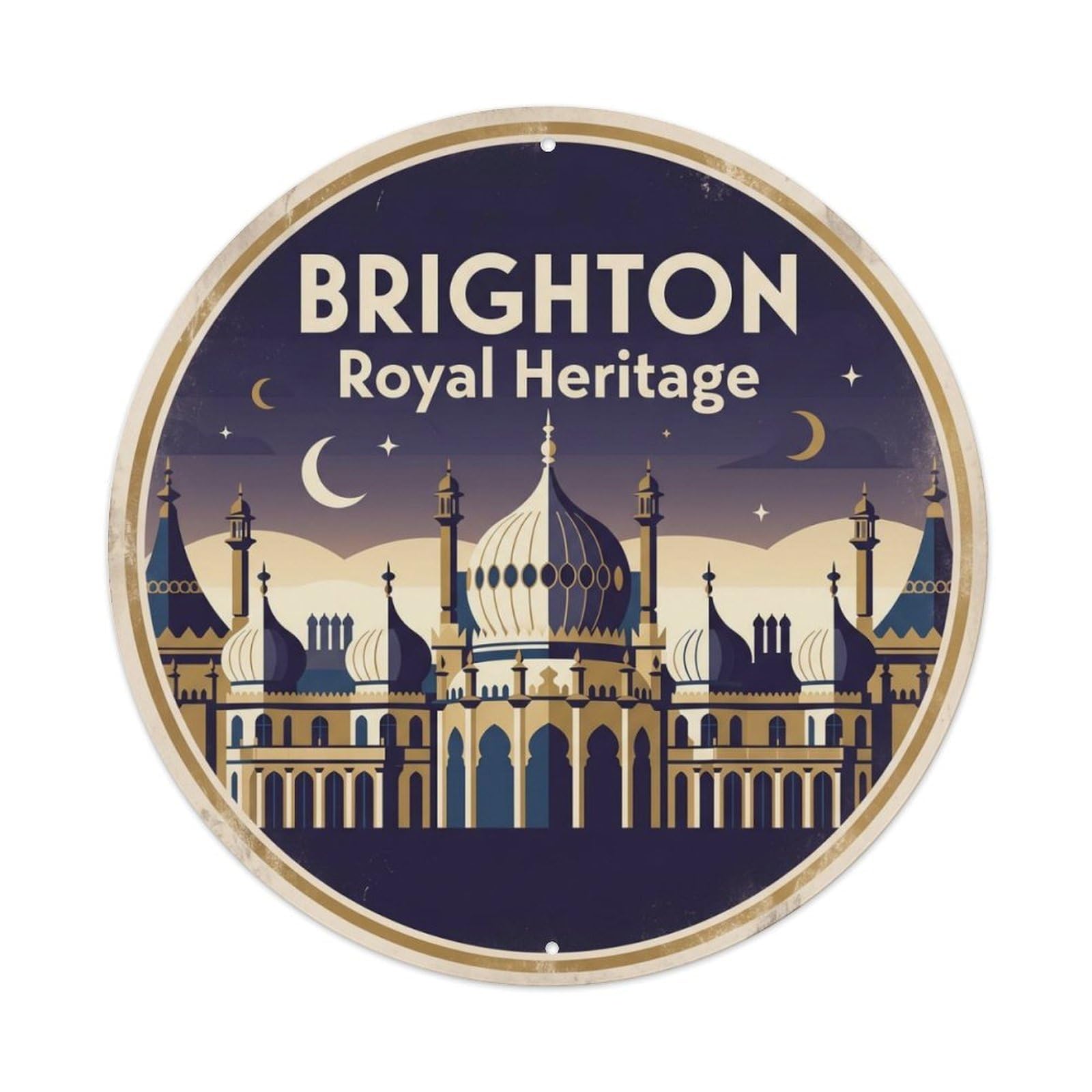 Fqcyn Style Vintage Travel Brighton Pavilion Heritage Metal Tin Sign Plaque Wall Decor For Cafe, Club Bar, Office, Home Garden Round Metal Poster 8X8inch