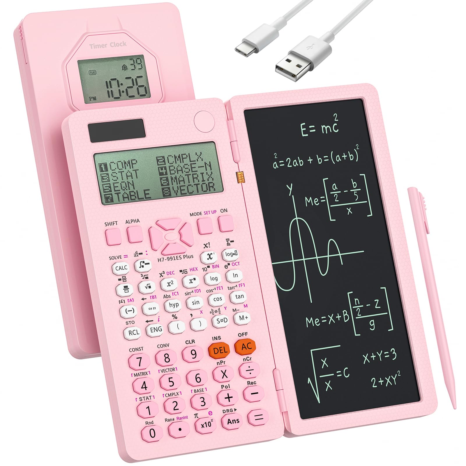 Calculatrice scientifique solaire 417 fonctions avec horloge, calculatrice mathématique, fournitures scolaires pour étudiants du collège et du lycée (rose)