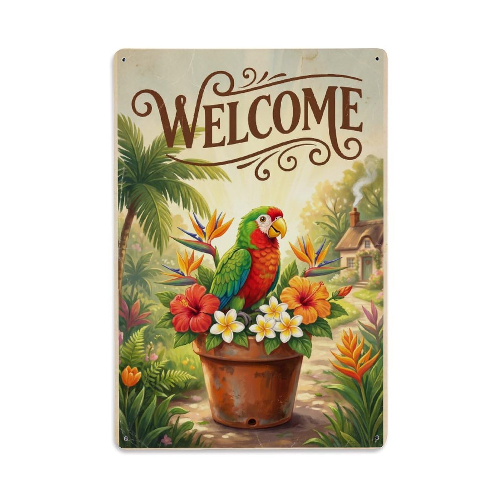 Cxhjca 8X12inch(20X30cm) Vintage Welcome Parrot Meadow Scene Metal Tin Sign