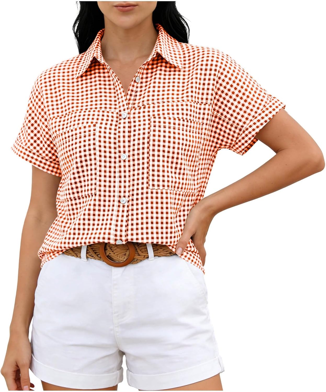 Womens Button Down Plaid Shirts Summer Short Sleeve V Neck Collared Blouses Office Casual Gingham Tops with Pockets