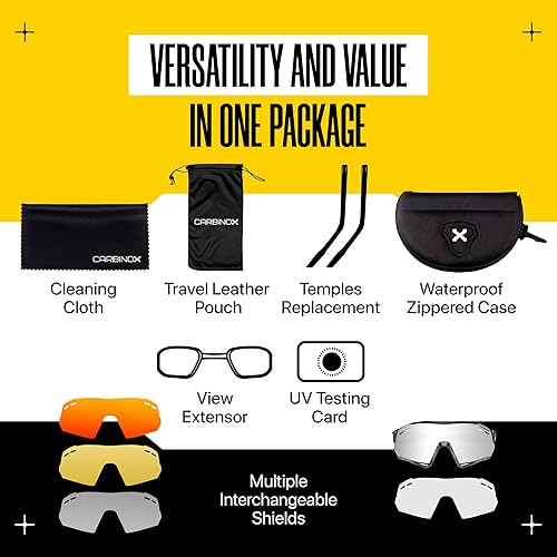 Miniatura 6 de CARBINOX Gafas de sol deportivas con múltiples lentes de protección antirreflejos, 100% protección UV con estuche rígido y accesorios, marco negro
