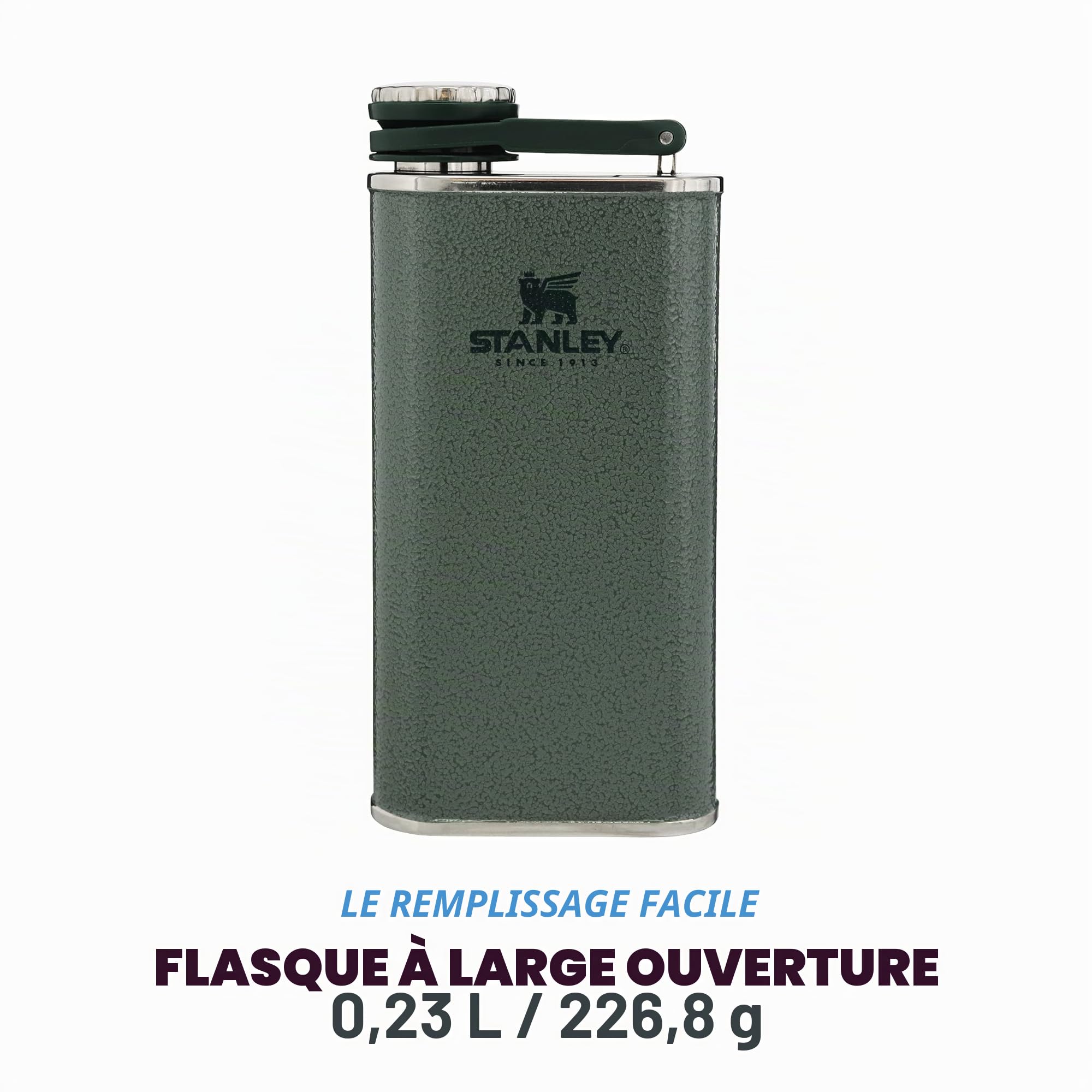 Stanley 1913 Classic Wide Mouth Flask 0.23L - Avec Bouchon Anti-Perte - Flasque en Acier Inoxydable à Large Ouverture - Etanche - Sans BPA - Hammertone Green