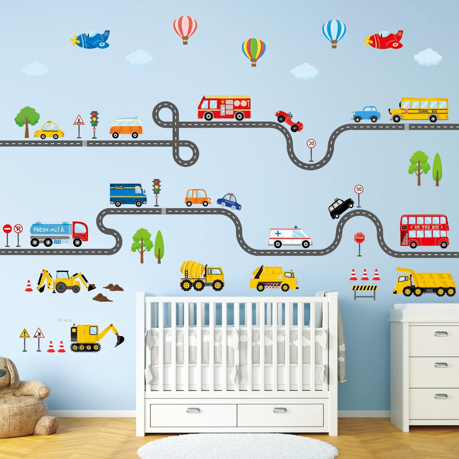 DECOWALL Road Cars Transport Kids Wall Stickers Peel & Stick (SG3-2308) | Cars, buses, trucks and traffic signs. Peel & stick, removable and easy to arrange.