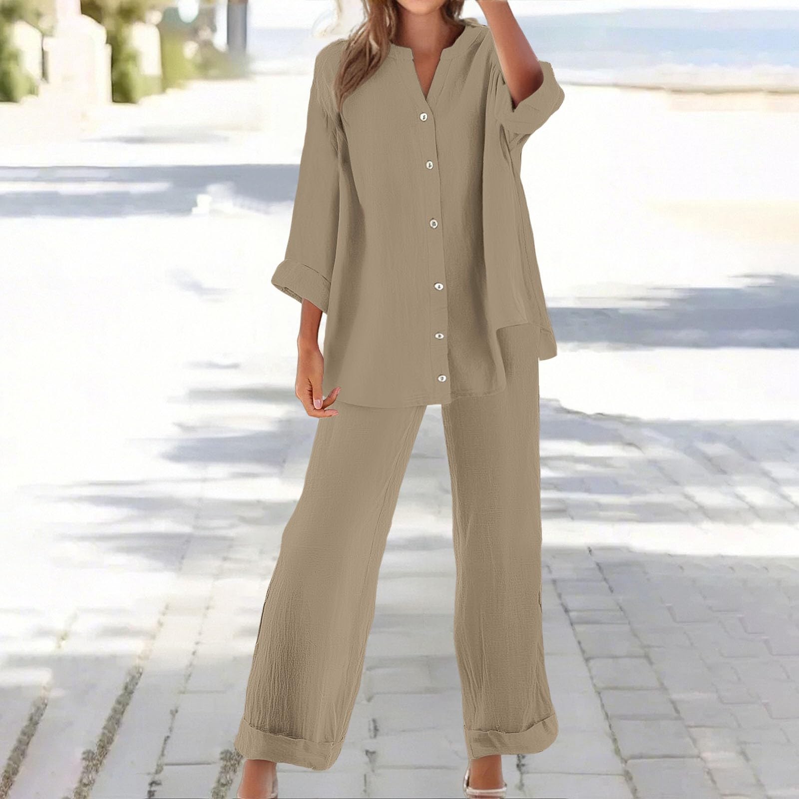 Generisch Spodnie damskie, dwuczęściowe, letnie, dwuczęściowe, lniane, eleganckie, plisowane, eleganckie, letnie, muślinowe, piżamowe, letnie stroje dla kobiet