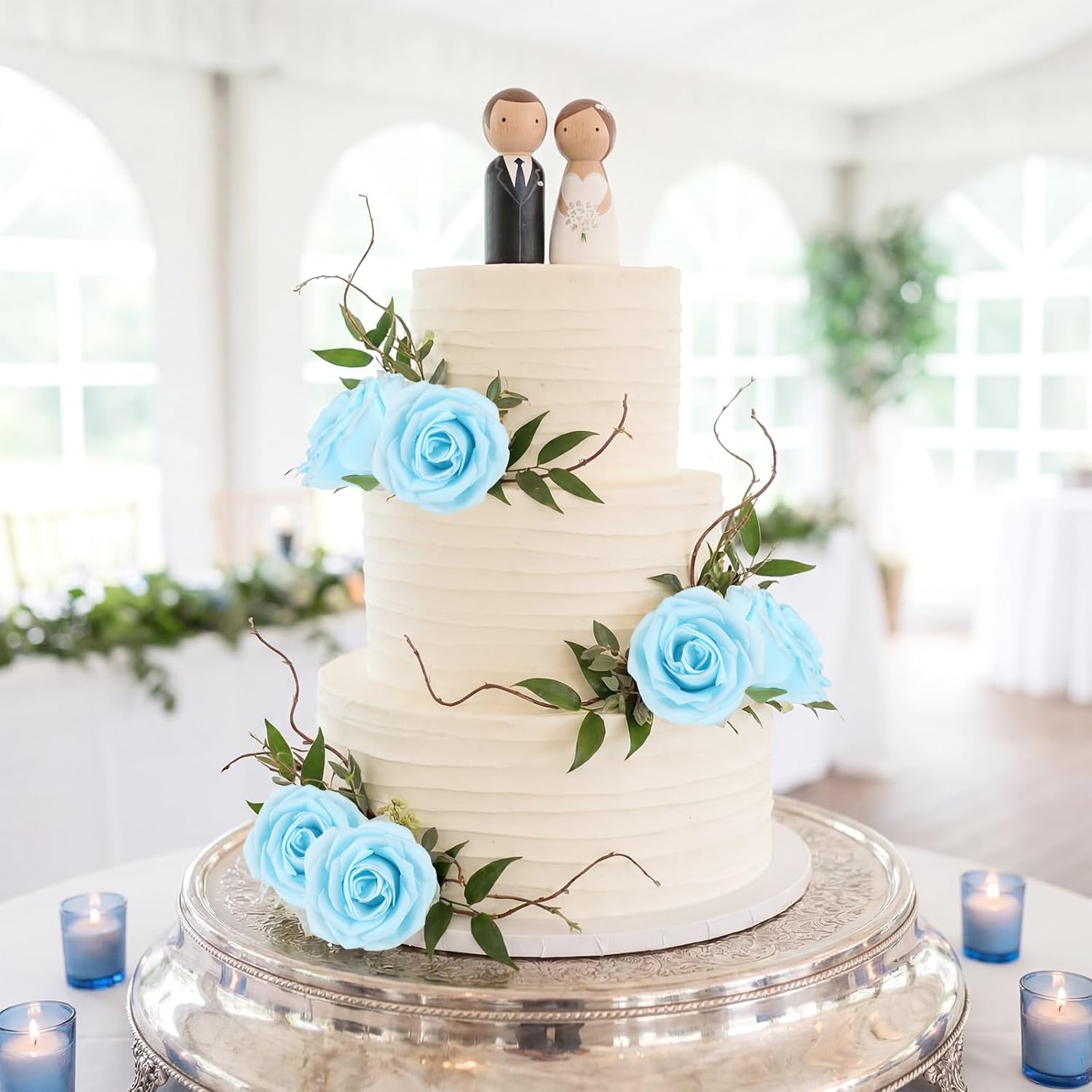 Baby Blue Roses 25 PCS Foam Flowers 3.15" Artificial Roses with Stems, Wrapping Paper, Butterfly Light Blue Foam Fake Roses for Valentines, Anniversary,Mother's Day Birthday Wedding