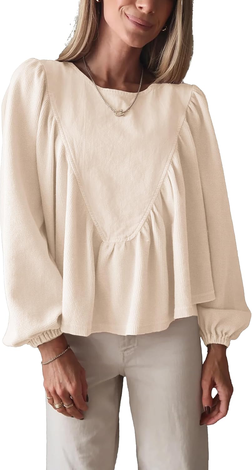 Women's Peplum Babydoll Top Waffle Knit Shirt with Back Button Lantern Sleeves for Casual Outfits - Image 7
