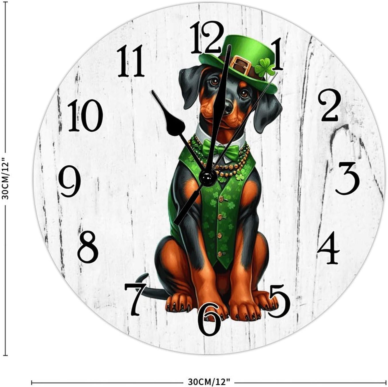 Doberman Pinscher Dog St. Patrick's Day Clock for Wall Doberman Pinscher Dog Green Leprechaun Hat Leaf Wood Clock Battery Operated Silent Wood Clocks Dog Memorial Wooden Clock 12x12in