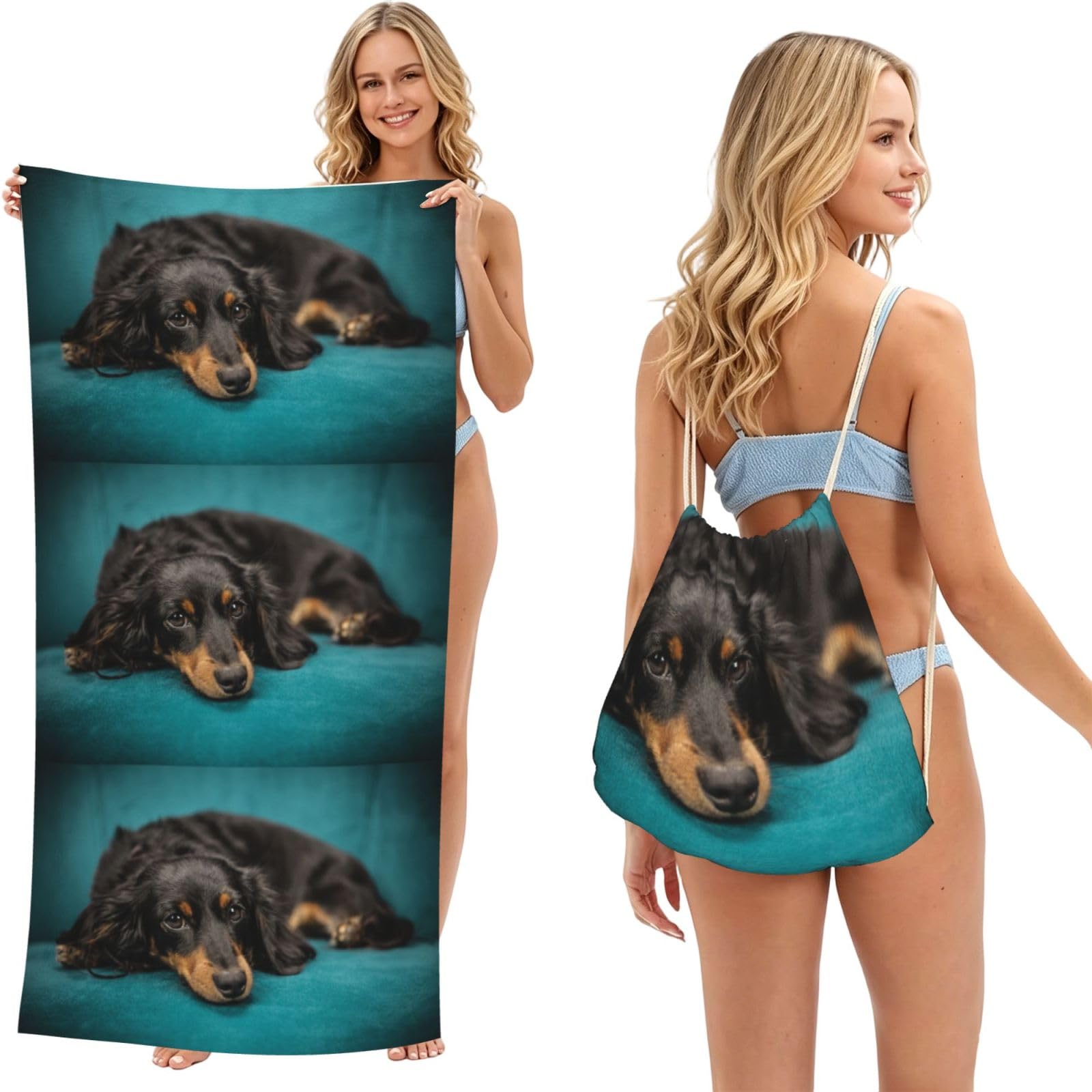 Poadnly As Picture Dachshund Dog, 2 In 1 Packable Towel Bag, Beach Towels With Drawstring Backpack For Travel Holiday Camping