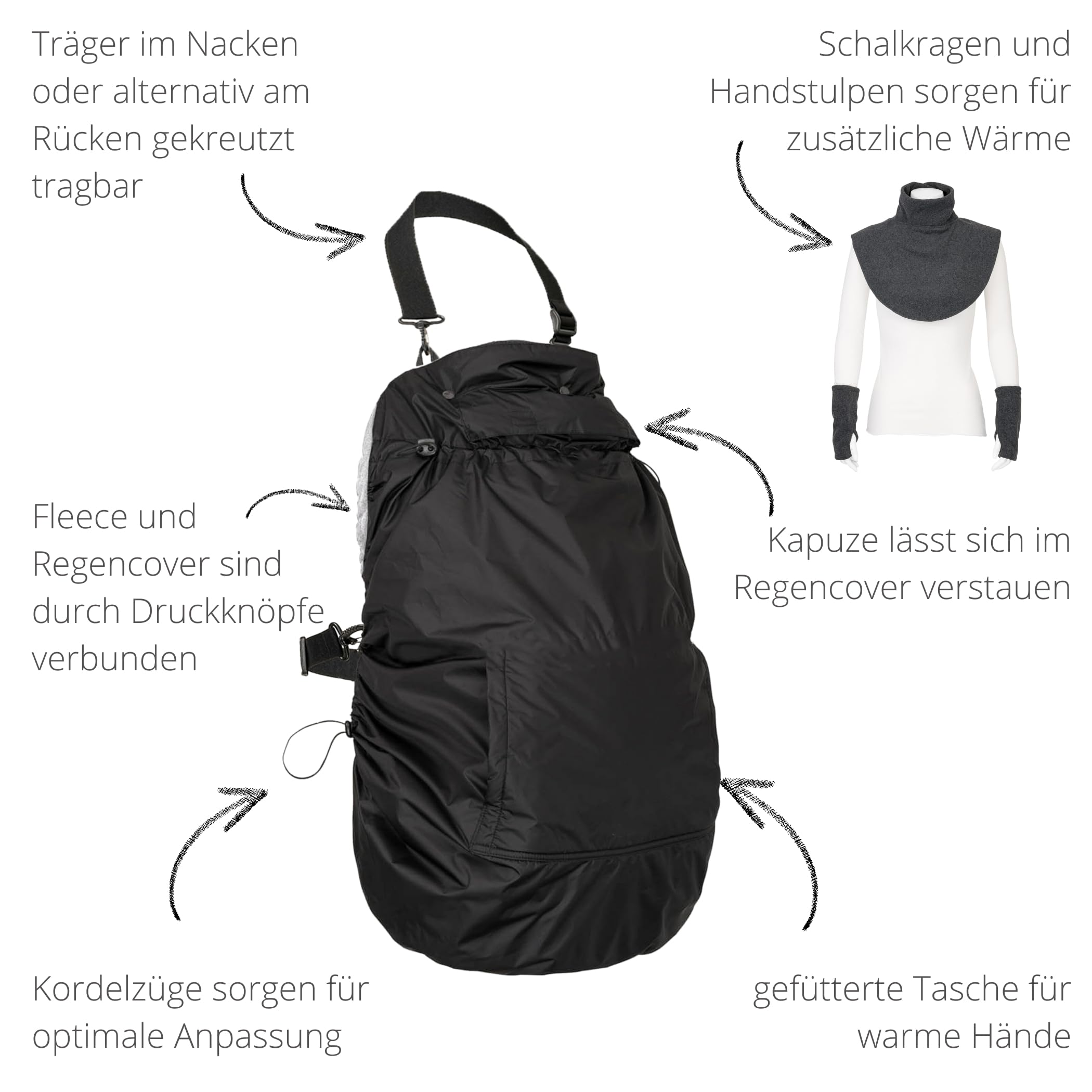 Hoppediz Fleece-Cover 3-in-1 Tragecover, stone | Wärmend und universal, mit Regenschutz, Schalkragen und Handwärmer, für Babytrage und Tragetuch
