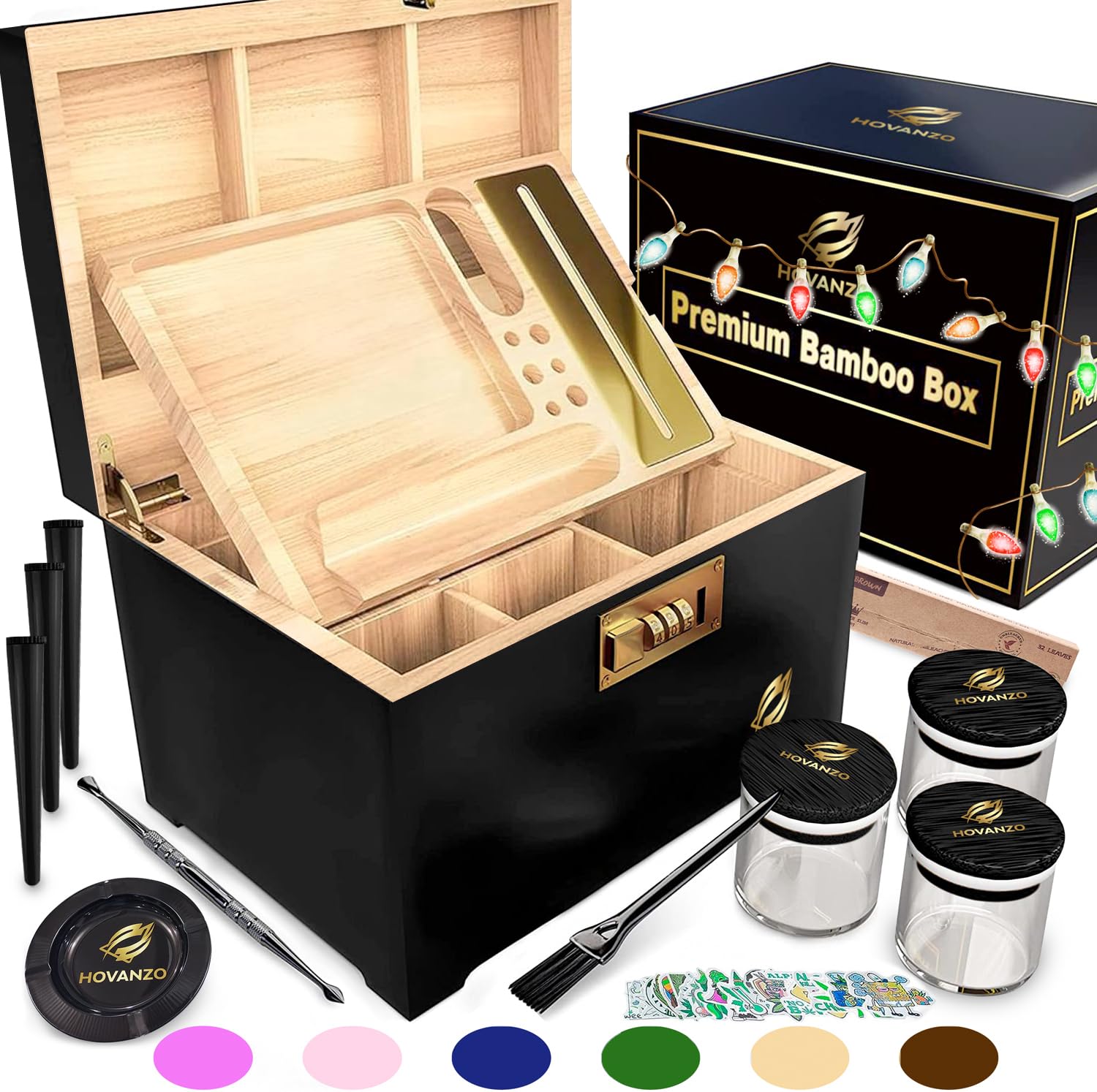 HOVANZO Premium Large Bamboo Storage Box with Combination Lock, Decorative Box Set, Large Wooden Container
