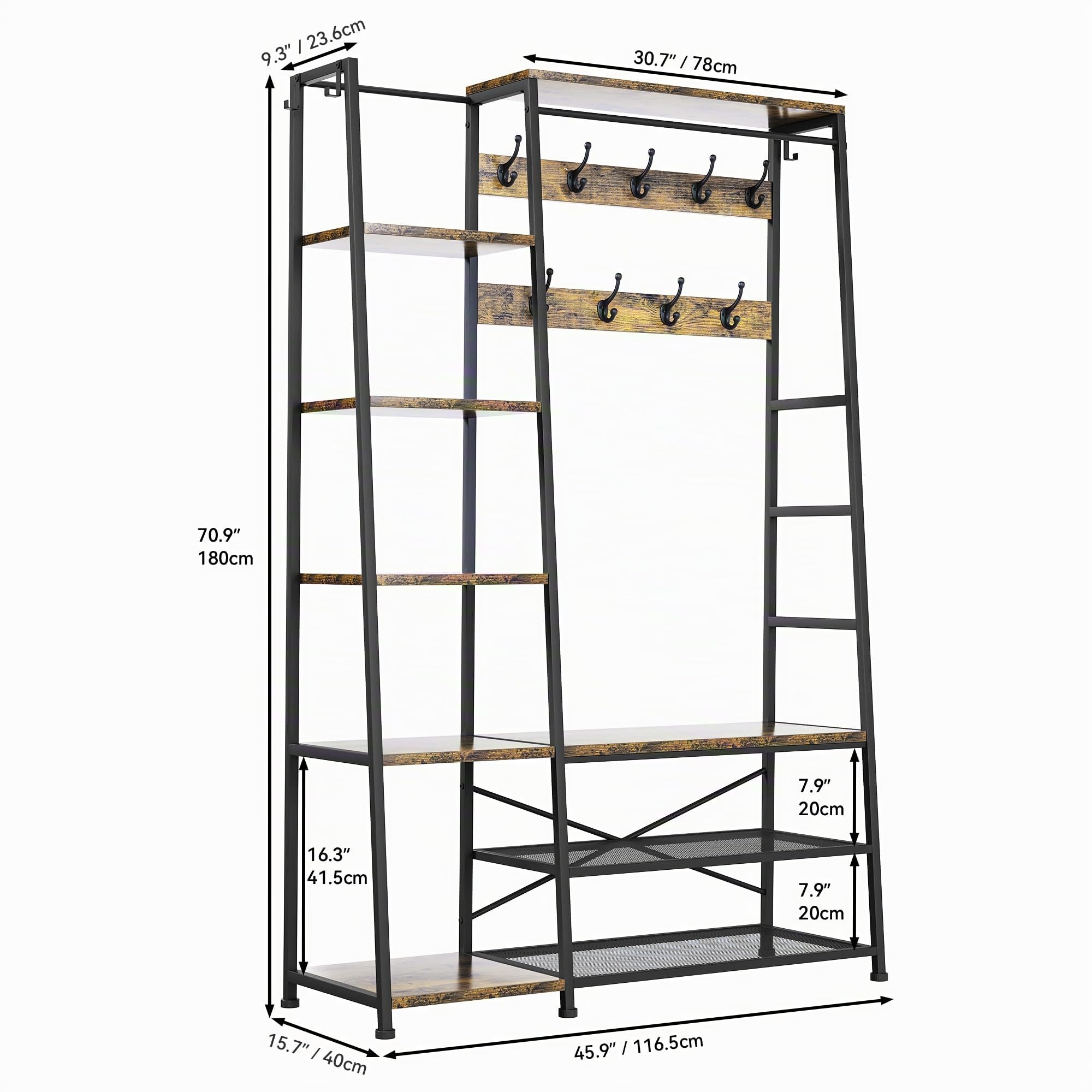 YITAHOME Perchero con Almacenamiento de Zapatos, Árbol de Pasillo Independiente con Banco Perchero Industrial con 5 Estantes Barra para Ropa para Dormitorio Sala de Estar Pasillo Entrada, Marrón | Perchero industrial con 9 ganchos y 5 estantes para dormit