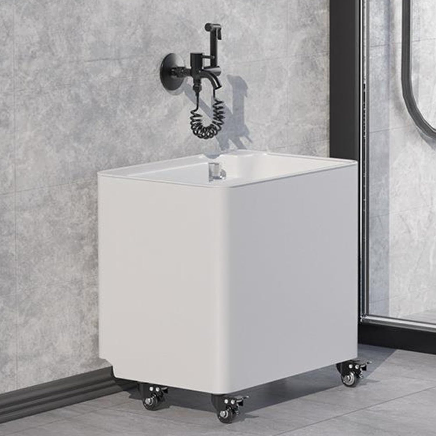 PPプラスチック製モバイルフロアモップシンク（スプレーガン付き）、ワンタッチ排水機能付きユーティリティシンク、ガレージ、ランドリー、