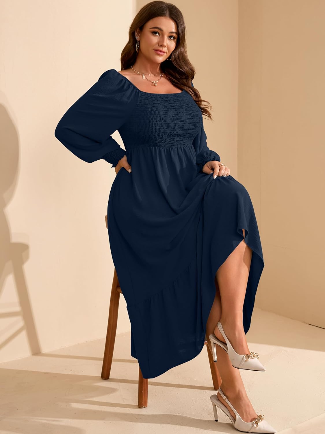 RWJ Women's Plus Size Fall Dress Long Sleeve Square Neck Floral Print Smocked A Line Boho Flowy Maxi Dresses with Pockets - Image 7